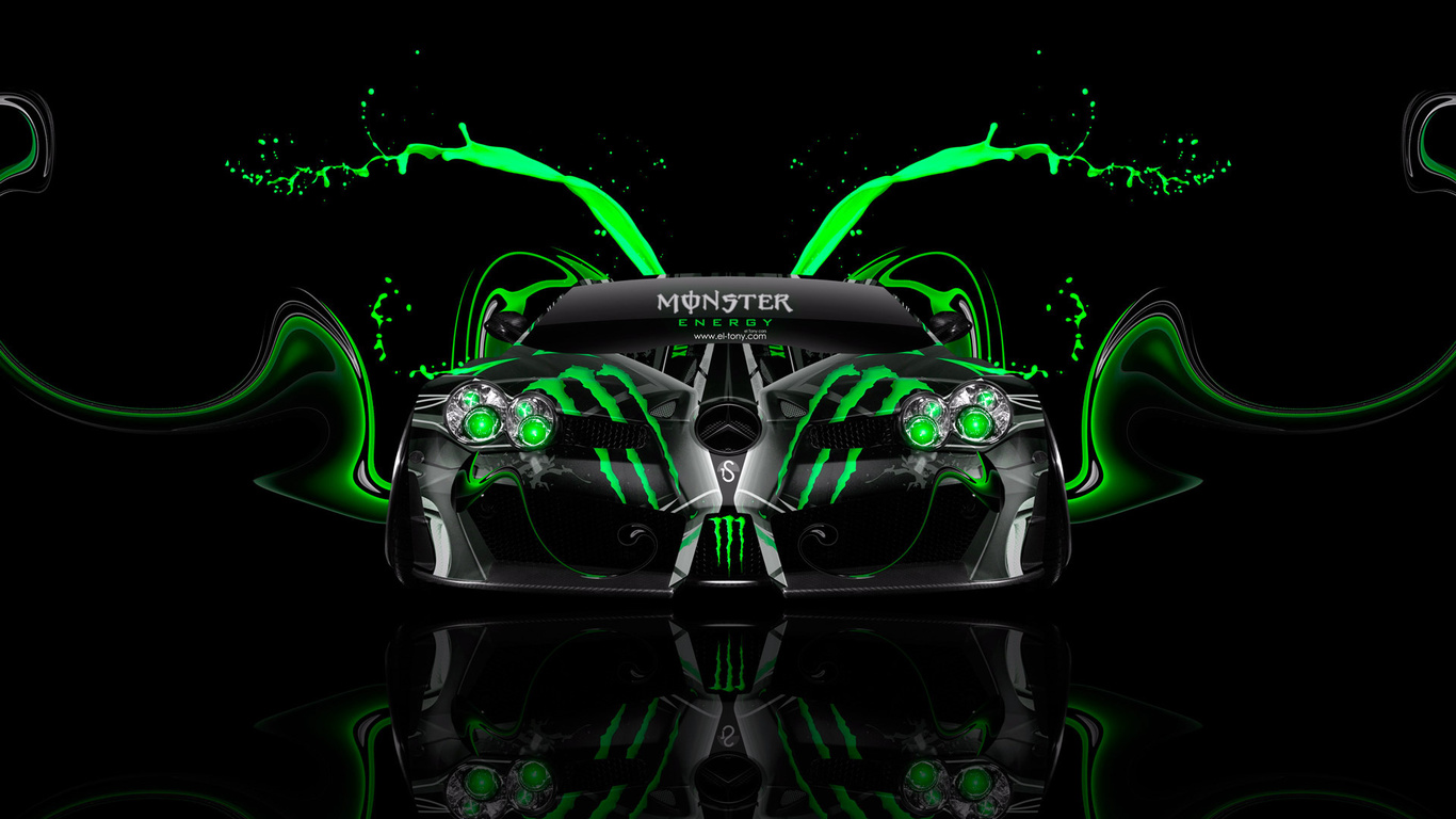 tony kokhan, monster energy, mercedes-benz, slr, mclaren, mansory, front, plastic, car, aerography, green, acid, effects, black, el tony cars, photoshop, hd wallpapers, tuning, design, art, style,  , ,  , , -