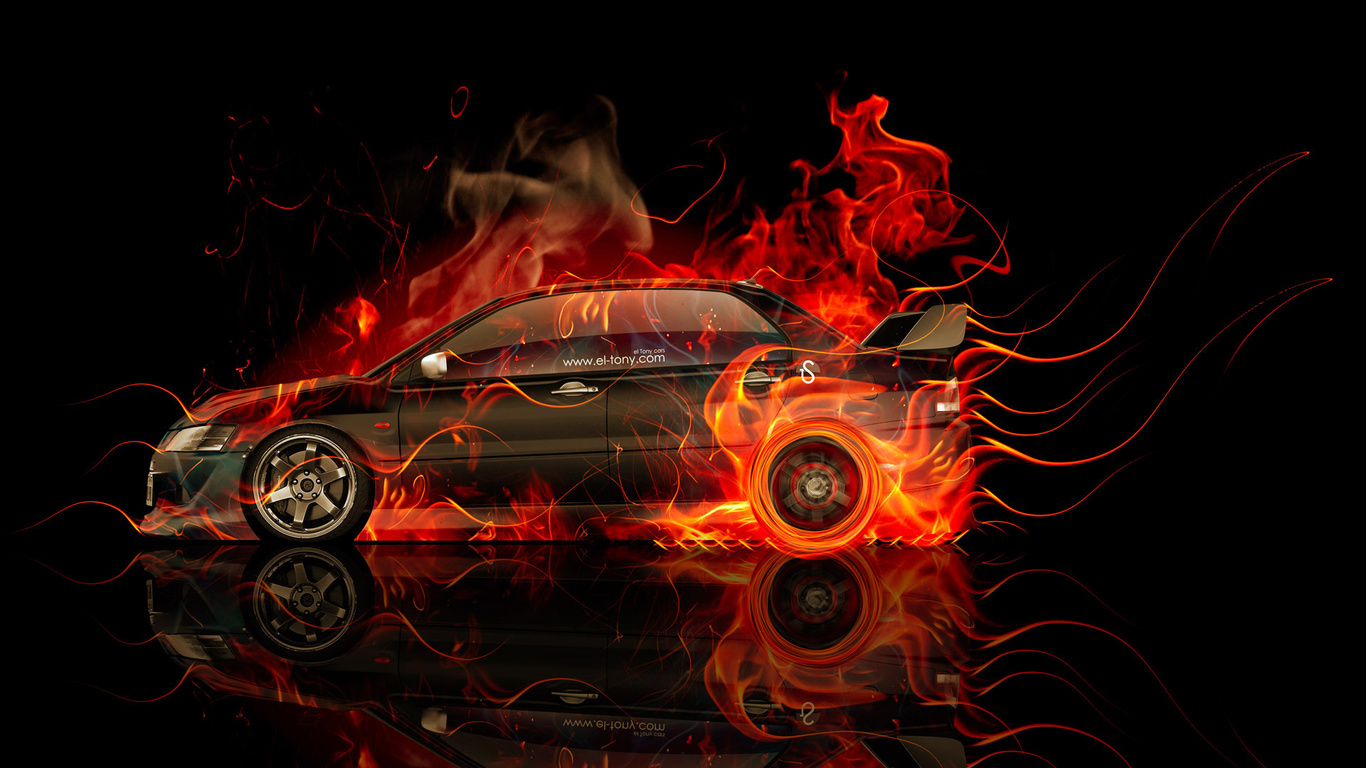 tony kokhan, mitsubishi, lancer, evolution, jdm, side, fire, car, orange, black, flame, el tony cars, photoshop, hd wallpapers, design, art, style,  , , , , , , , , , , , , 