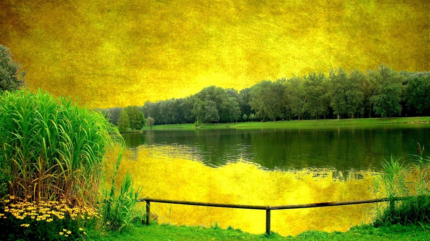 yellow, sky, scenary, lake, trees, green