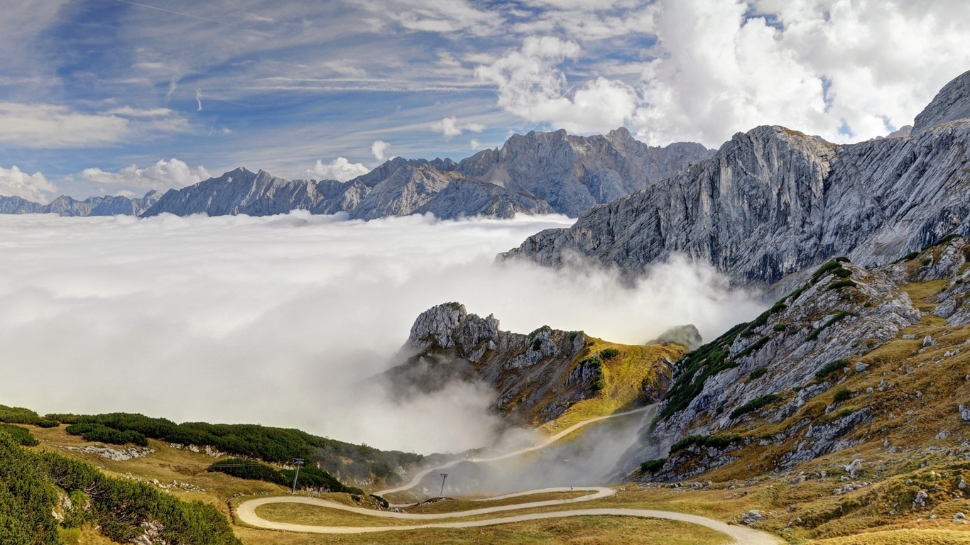 alps, road, clouds, grass, sky