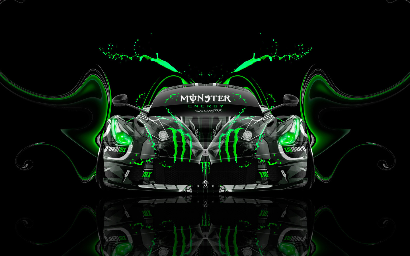 tony kokhan, ferrari, laferrari, monster energy, front, super, plastic, acid, drink, car, aerography, green, neon, effects, hybrid, el tony cars, photoshop, hd wallpapers, design, art, style,  , , ,  , , 