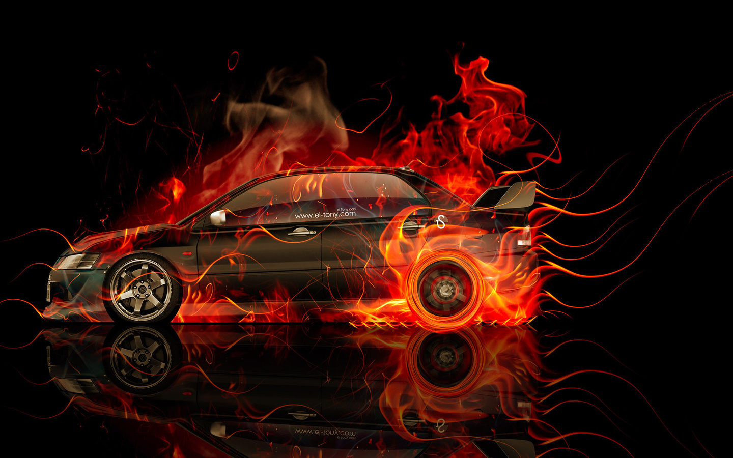 tony kokhan, mitsubishi, lancer, evolution, jdm, side, fire, car, orange, black, flame, el tony cars, photoshop, hd wallpapers, design, art, style,  , , , , , , , , , , , , 