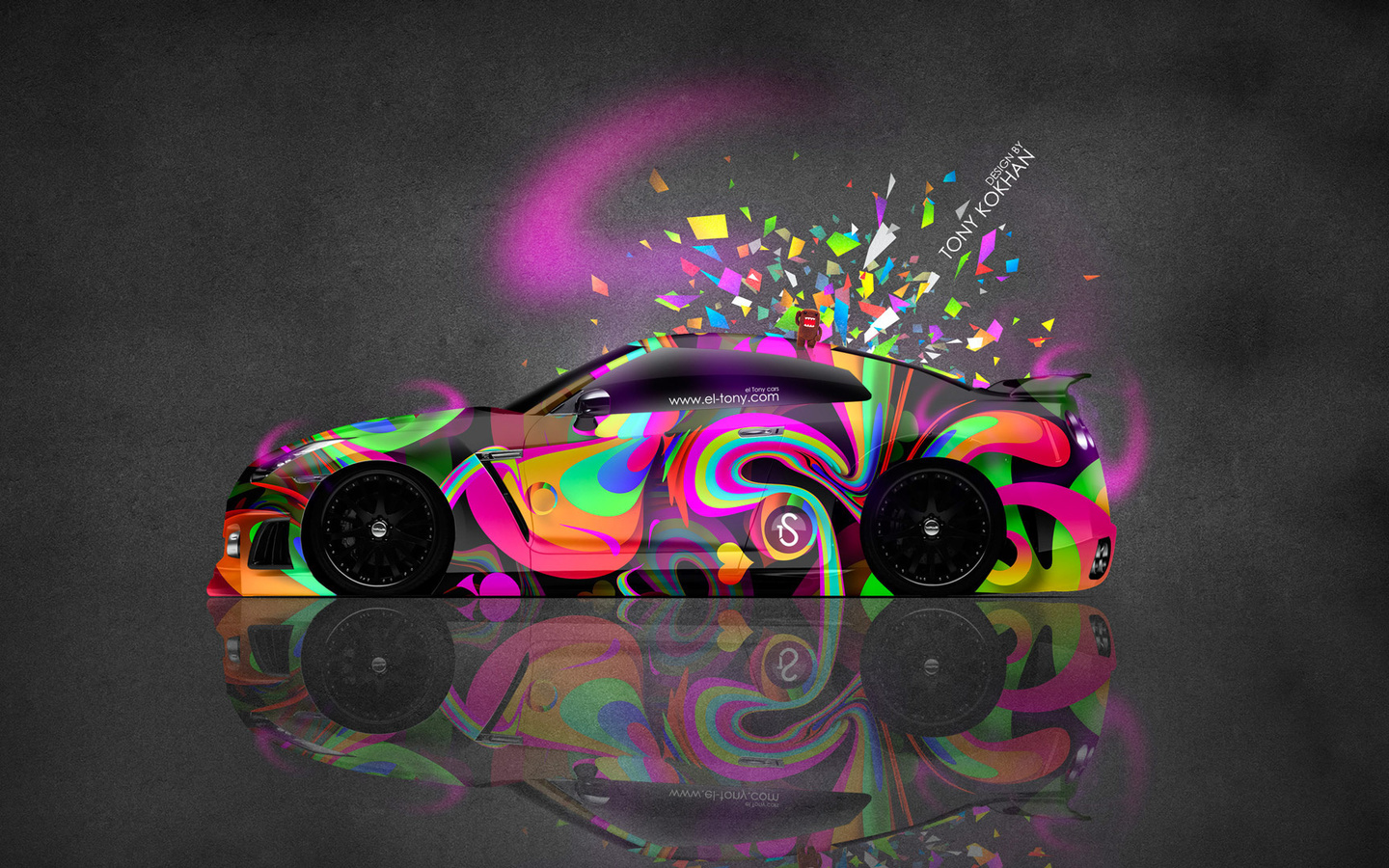 tony kokhan, nissan, gtr, r35, jdm, side, domo kun, toy, car, multicolors, abstract, aerography, pink, neon, el tony cars, photoshop, hd wallpapers, design, art, style, japan, tuning,  , , , , 35 ,  , , 