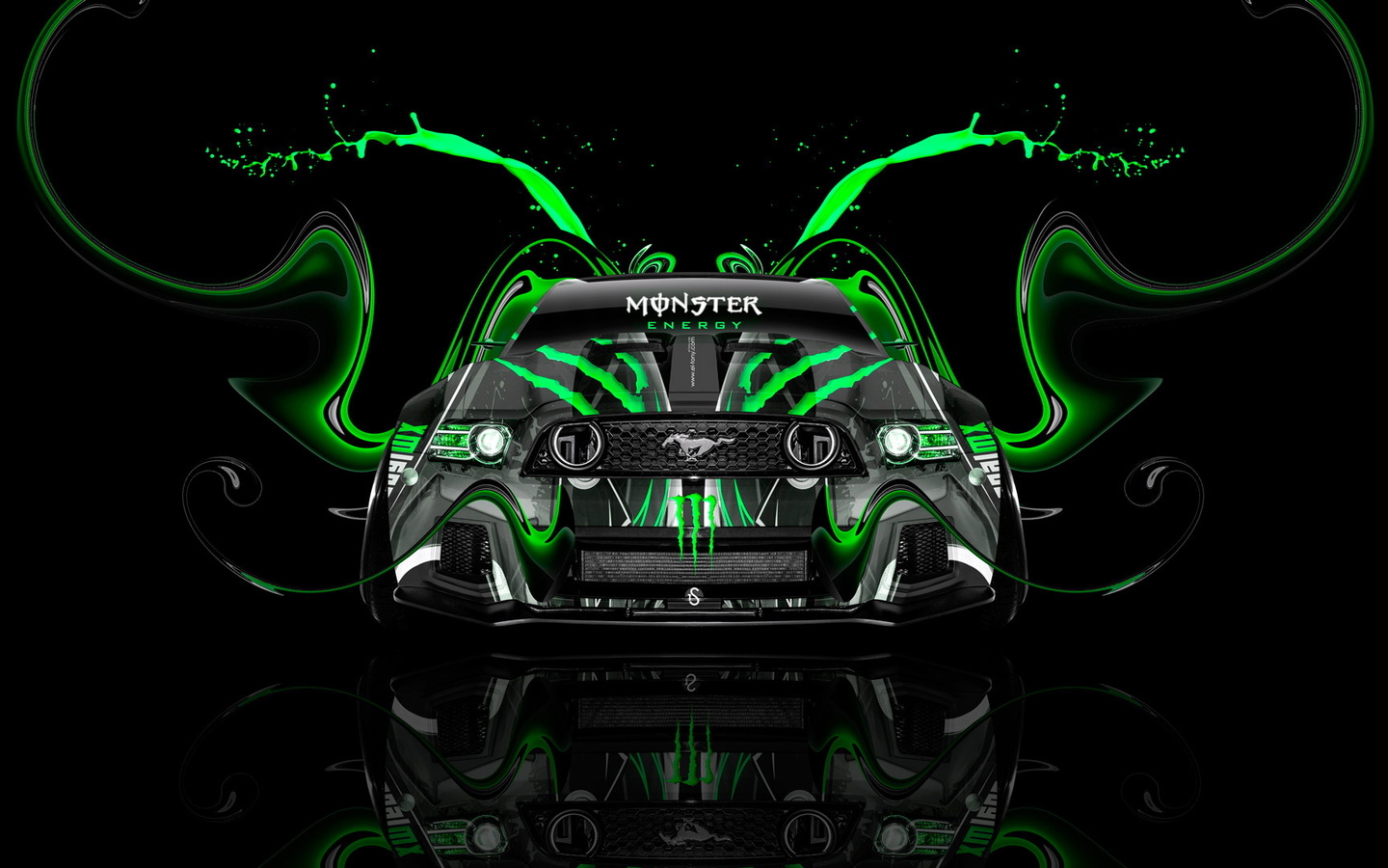 tony kokhan, monster energy, logo, ford, mustang, gt, muscle, car, front, green, aerography, tuning, acid, drink, black, el tony cars, photoshop, design, art, style, hd wallpapers,  , , , , ,  ,  , 