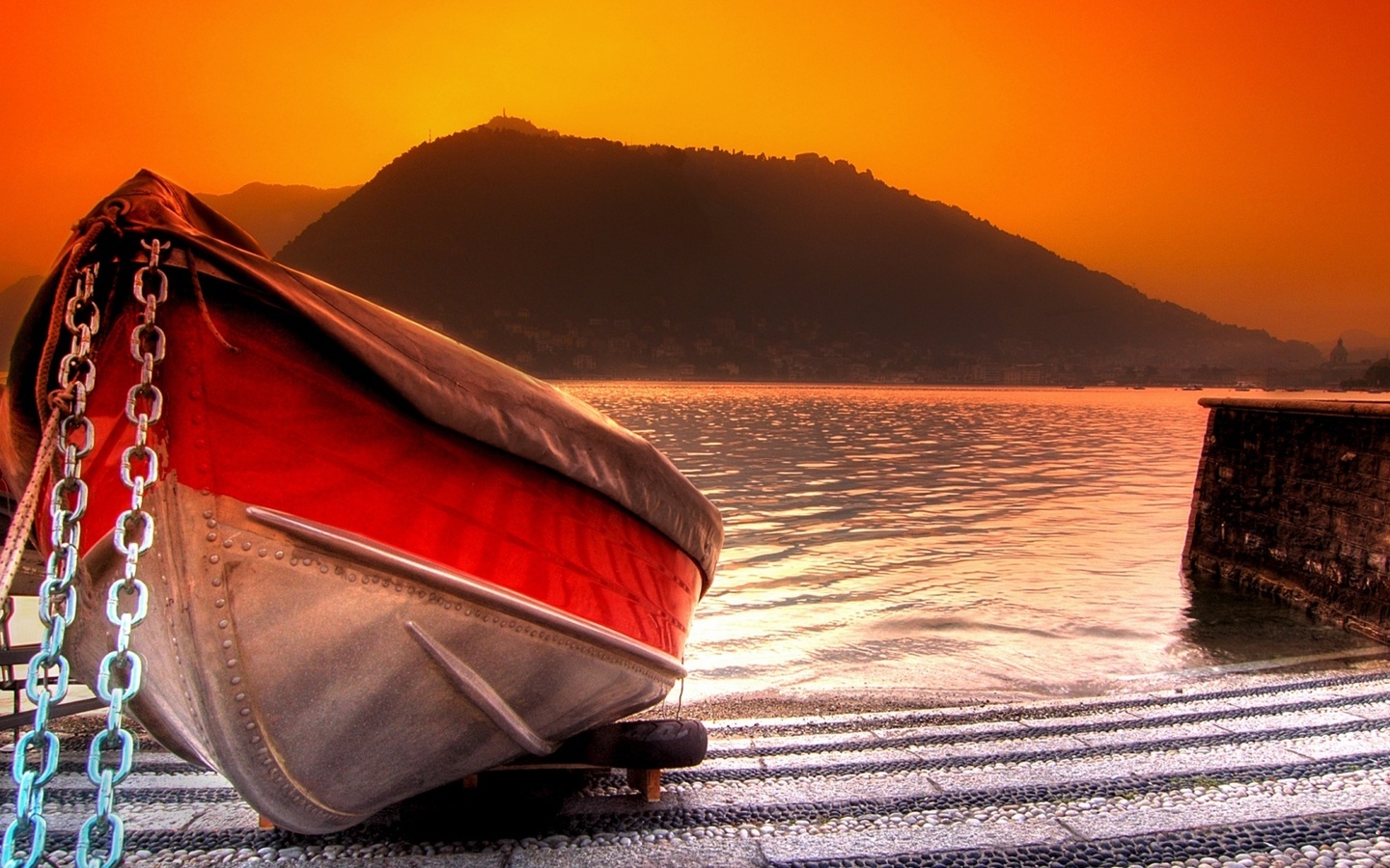 lake, boat, river, water, mountain, sunset