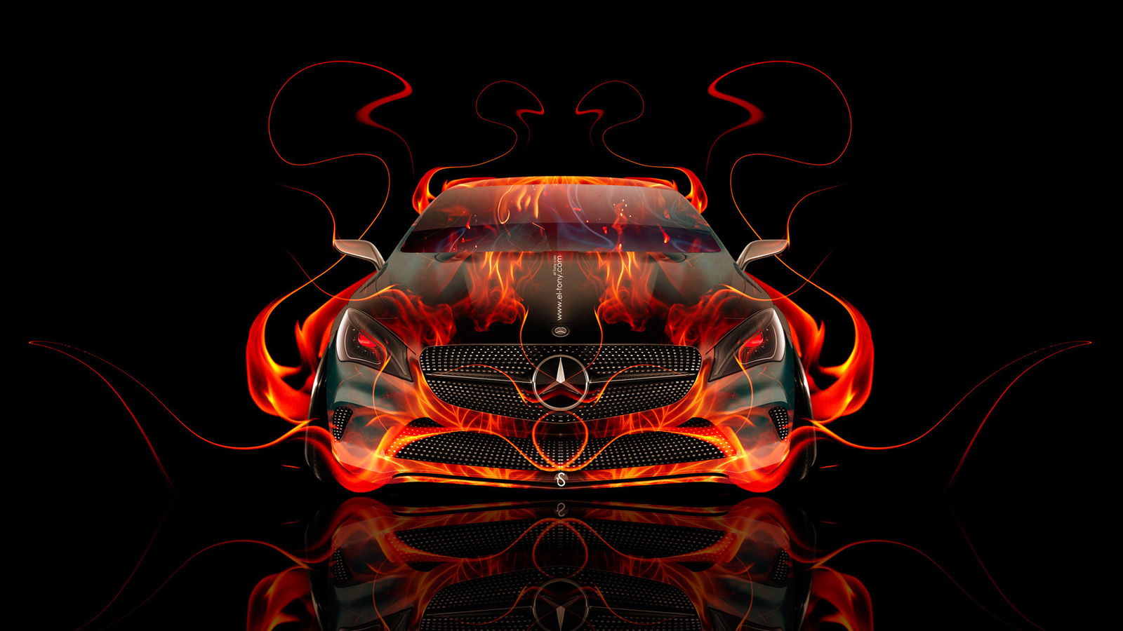 tony kokhan, mercedes-benz, front, fire, abstract, car, flame, orange, black, coupe, mercedes, el tony cars, hd wallpapers, design, art, style,  , , , -, ,  , , , , , , 