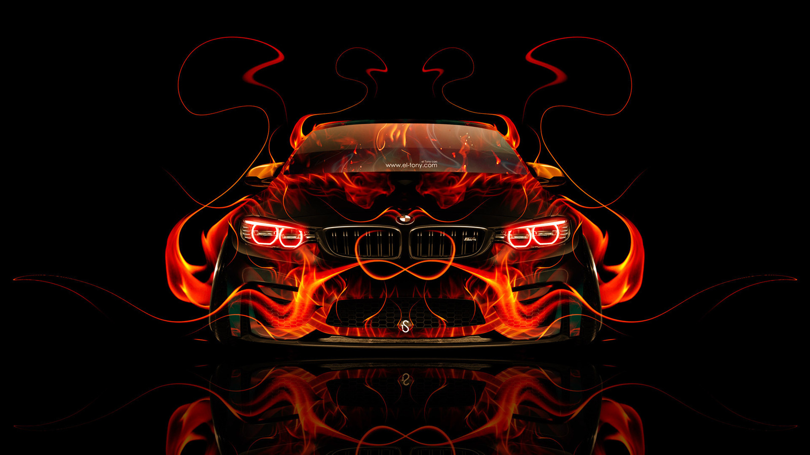 tony kokhan, bmw, m4, fire, car, front, tuning, orange, abstract, flame, black, el tony cars, photoshop, design, art, style, hd wallpapers,  , , , 4, ,  , , , , , , , , , , 