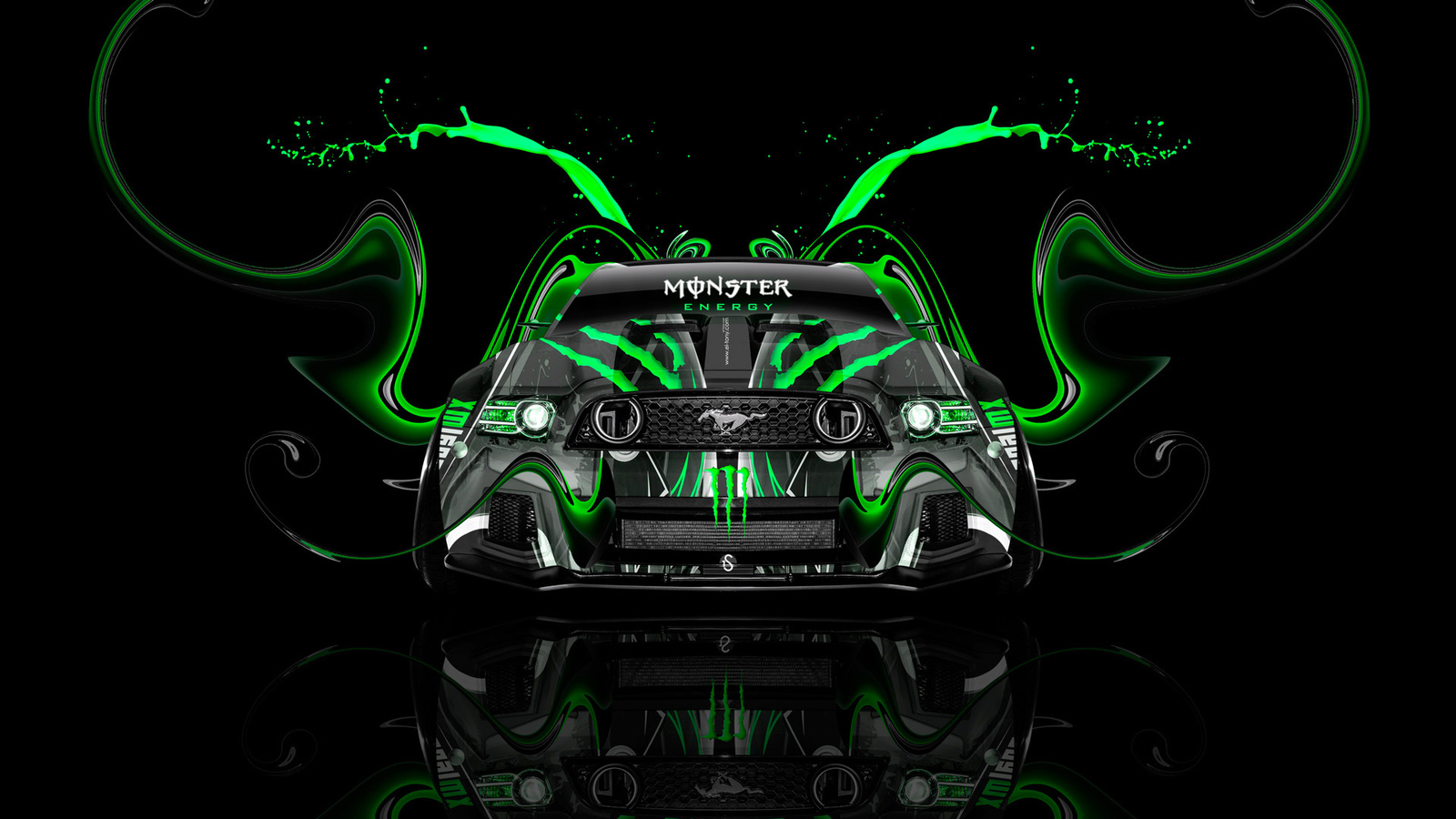 tony kokhan, monster energy, logo, ford, mustang, gt, muscle, car, front, green, aerography, tuning, acid, drink, black, el tony cars, photoshop, design, art, style, hd wallpapers,  , , , , ,  ,  , 