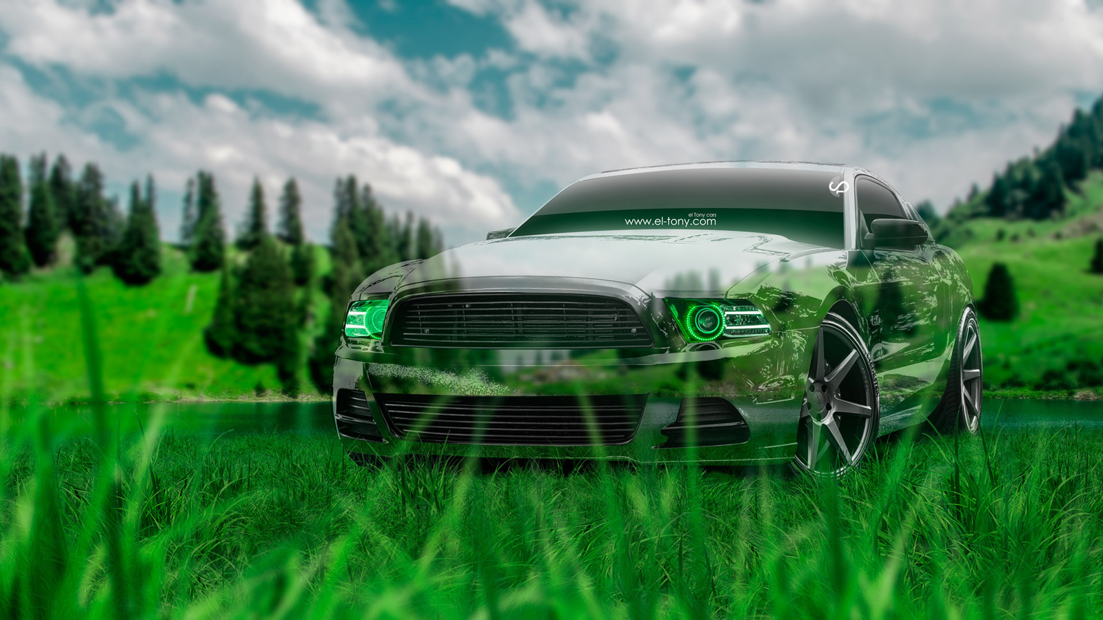 tony kokhan, ford, mustang, gt, crystal, nature, car, muscle, green, grass, american, auto, el tony cars, photoshop, design, art, style, hd wallpapers,  , , , , , , , , , , , , , 