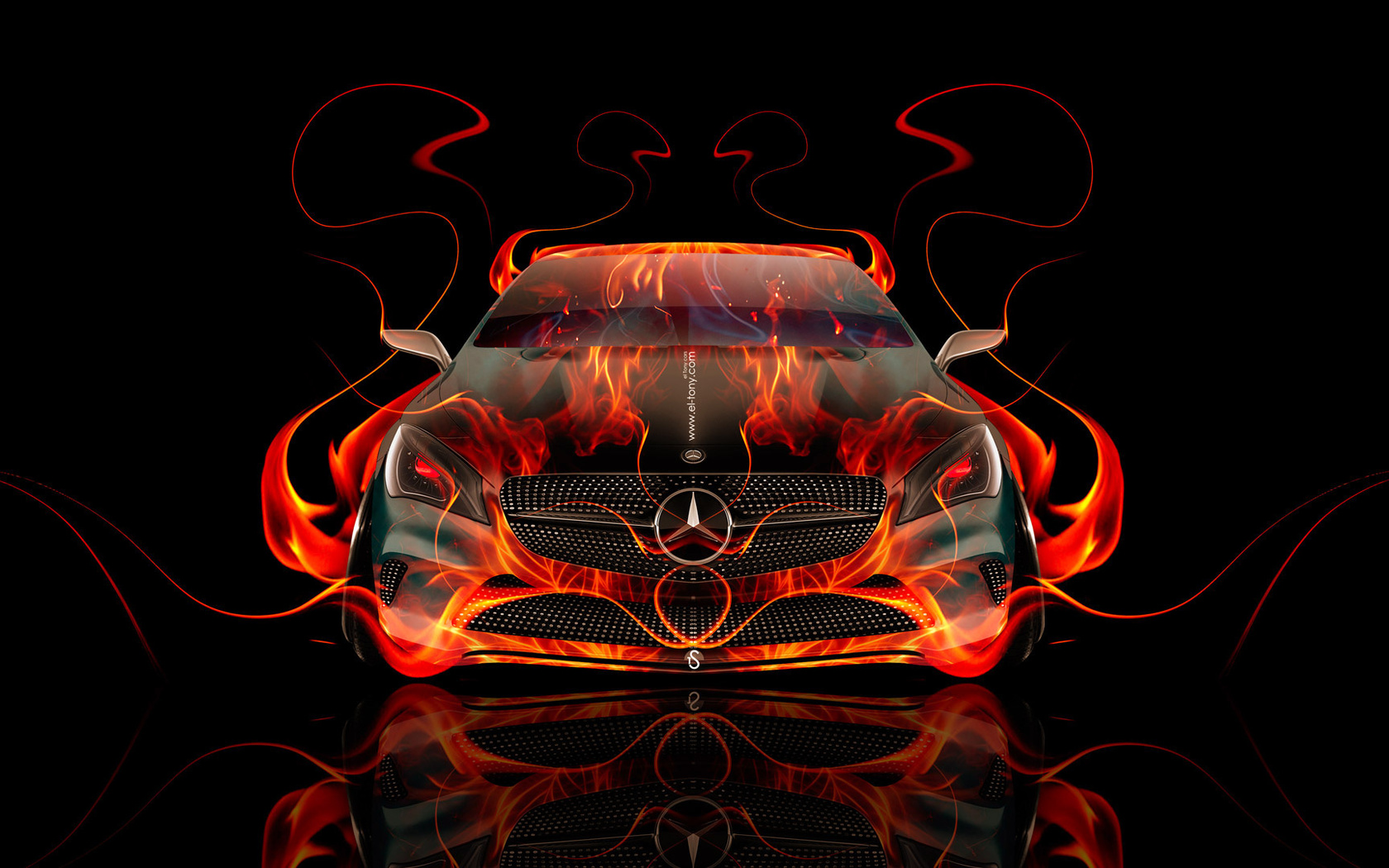 tony kokhan, mercedes-benz, front, fire, abstract, car, flame, orange, black, coupe, mercedes, el tony cars, hd wallpapers, design, art, style,  , , , -, ,  , , , , , , 