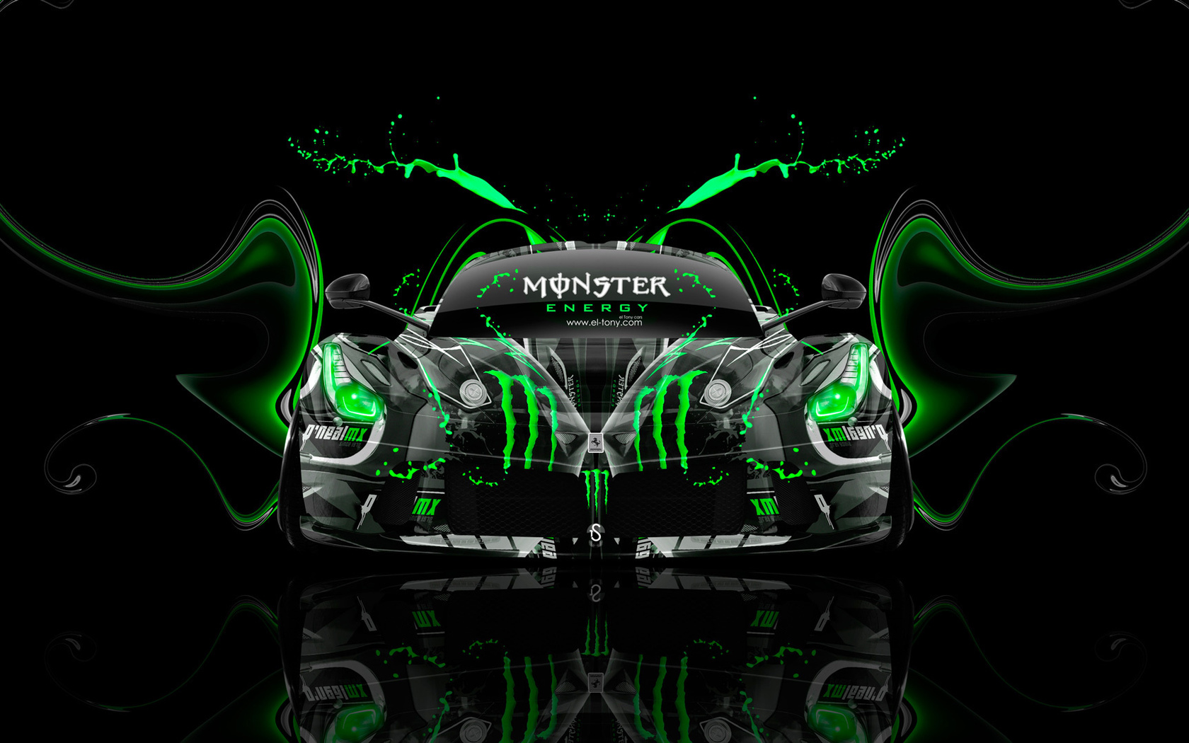 tony kokhan, ferrari, laferrari, monster energy, front, super, plastic, acid, drink, car, aerography, green, neon, effects, hybrid, el tony cars, photoshop, hd wallpapers, design, art, style,  , , ,  , , 