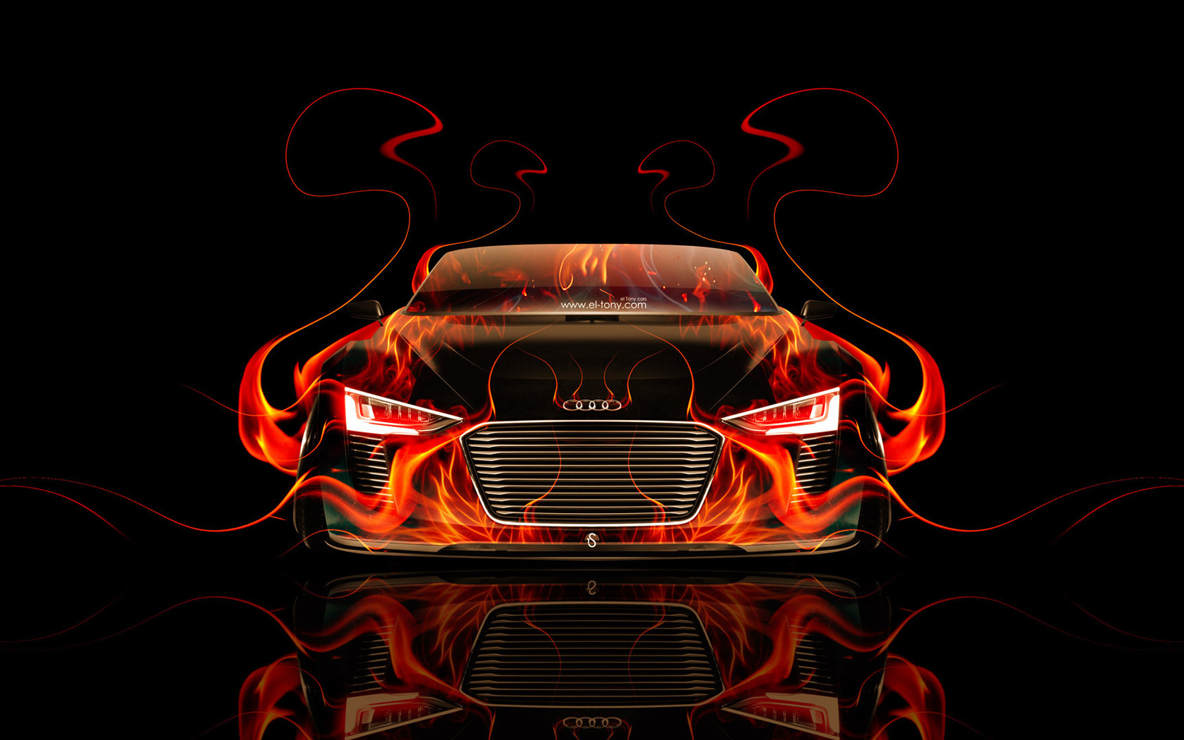 tony kokhan, audi, e-tron, front, fire, abstract, car, spyder, orange, black, flame, el tony cars, hd wallpapers, photoshop, design, art, style,  , , , -,  , , , , , , , , 