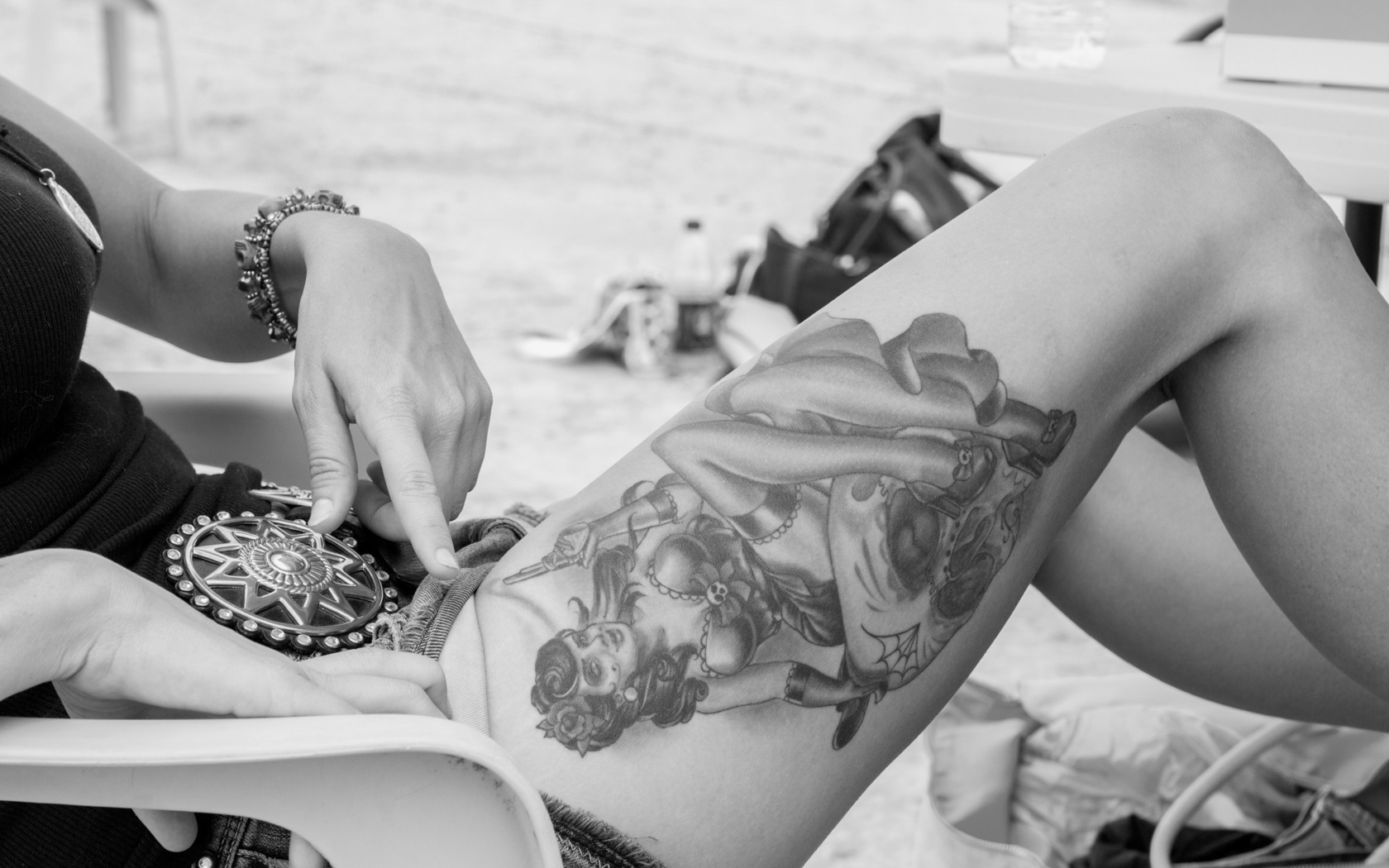 tattoo, black and white, female, legs
