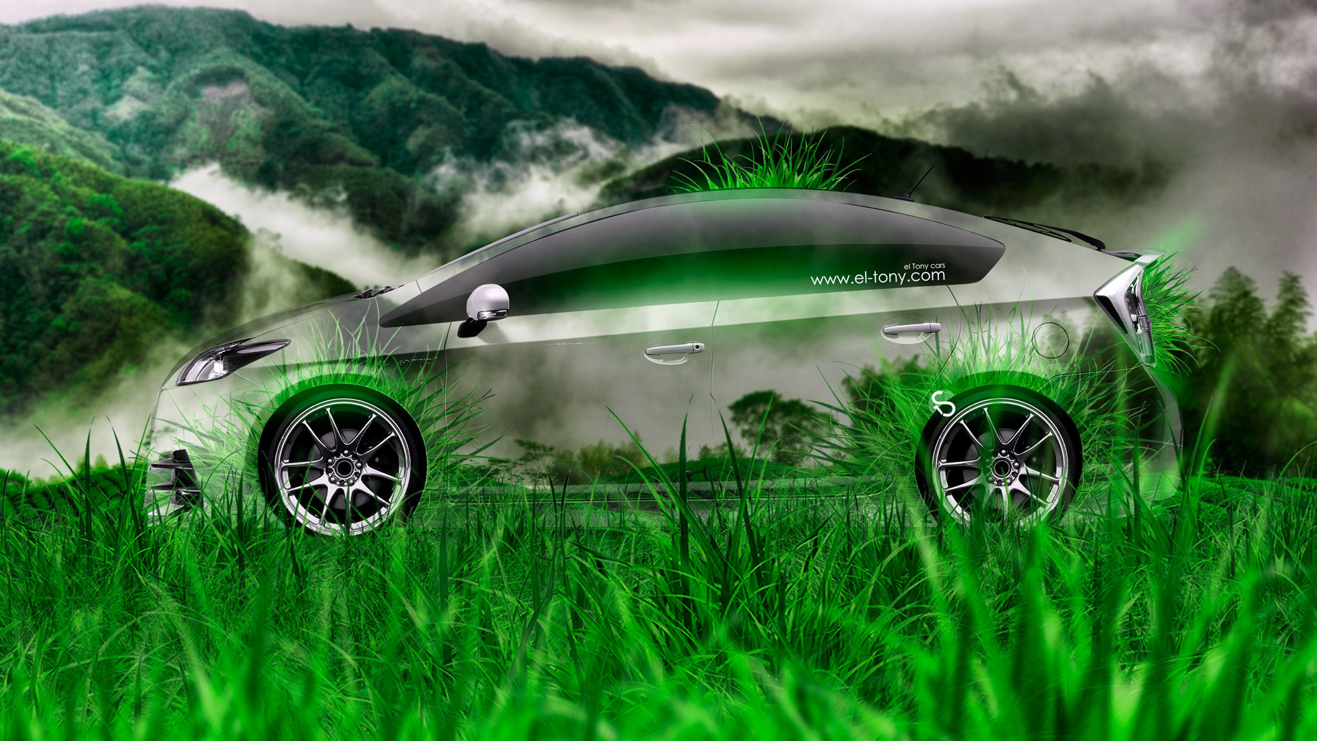 tony kokhan, toyota, prius, side, crystal, nature, car, green, grass, hybrid, el tony cars, photoshop, hd wallpapers, art, design, style,  , , , , 2014, , , , , , , ,  , 