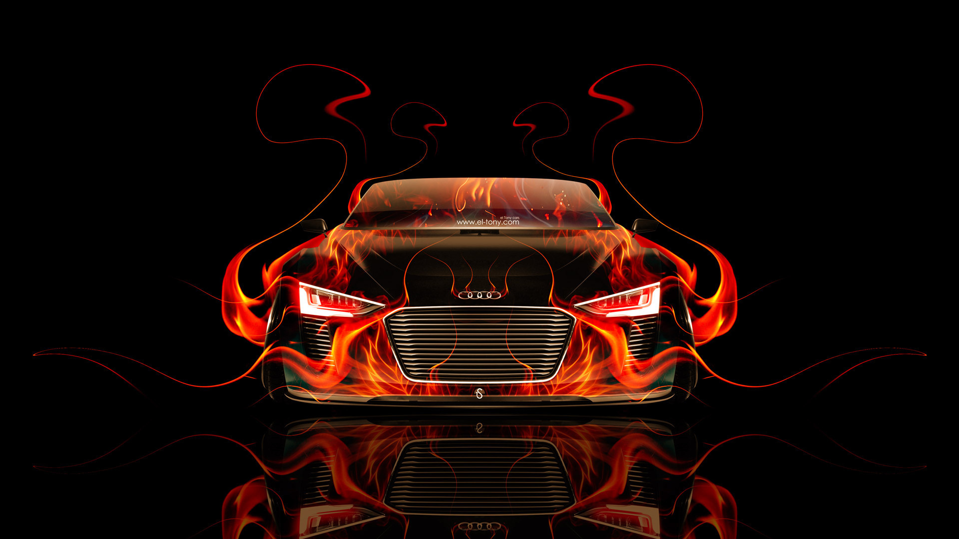 tony kokhan, audi, e-tron, front, fire, abstract, car, spyder, orange, black, flame, el tony cars, hd wallpapers, photoshop, design, art, style,  , , , -,  , , , , , , , , 