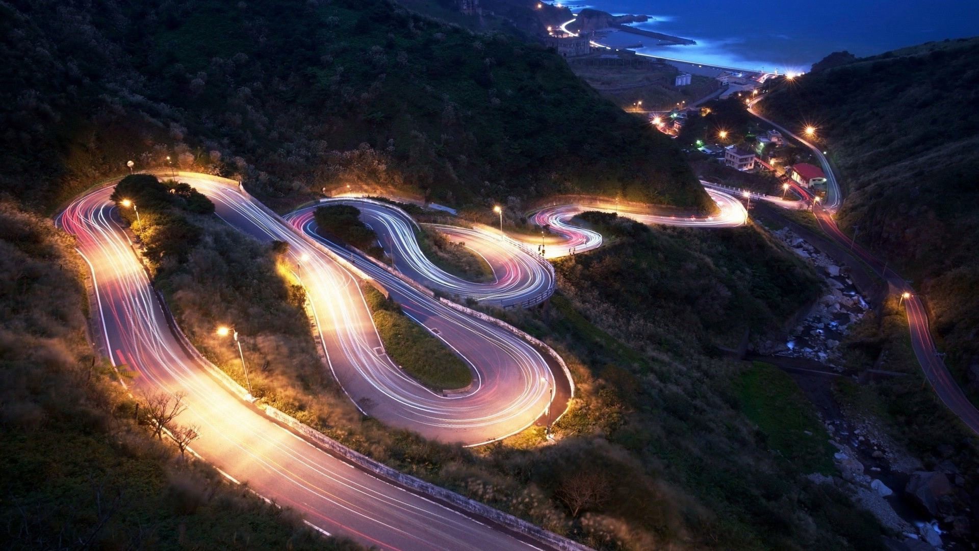 coastal, road, light, city, mountain