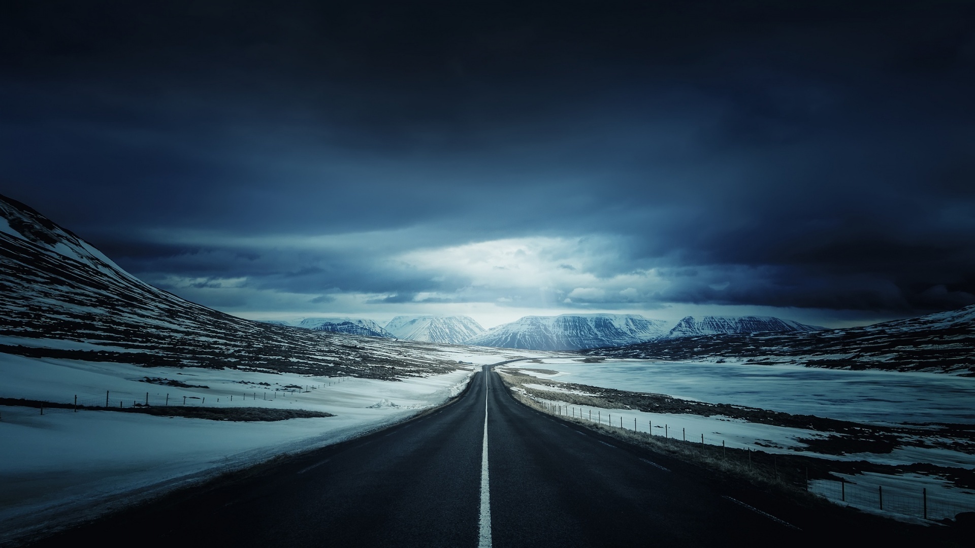 iceland, road, mountain, clouds, sky