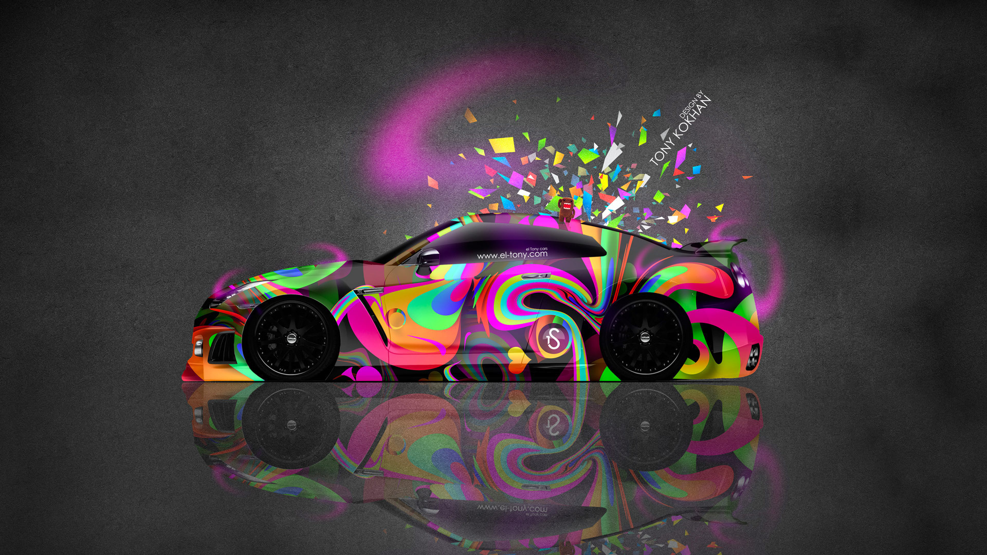 tony kokhan, nissan, gtr, r35, jdm, side, domo kun, toy, car, multicolors, abstract, aerography, pink, neon, el tony cars, photoshop, hd wallpapers, design, art, style, japan, tuning,  , , , , 35 ,  , , 