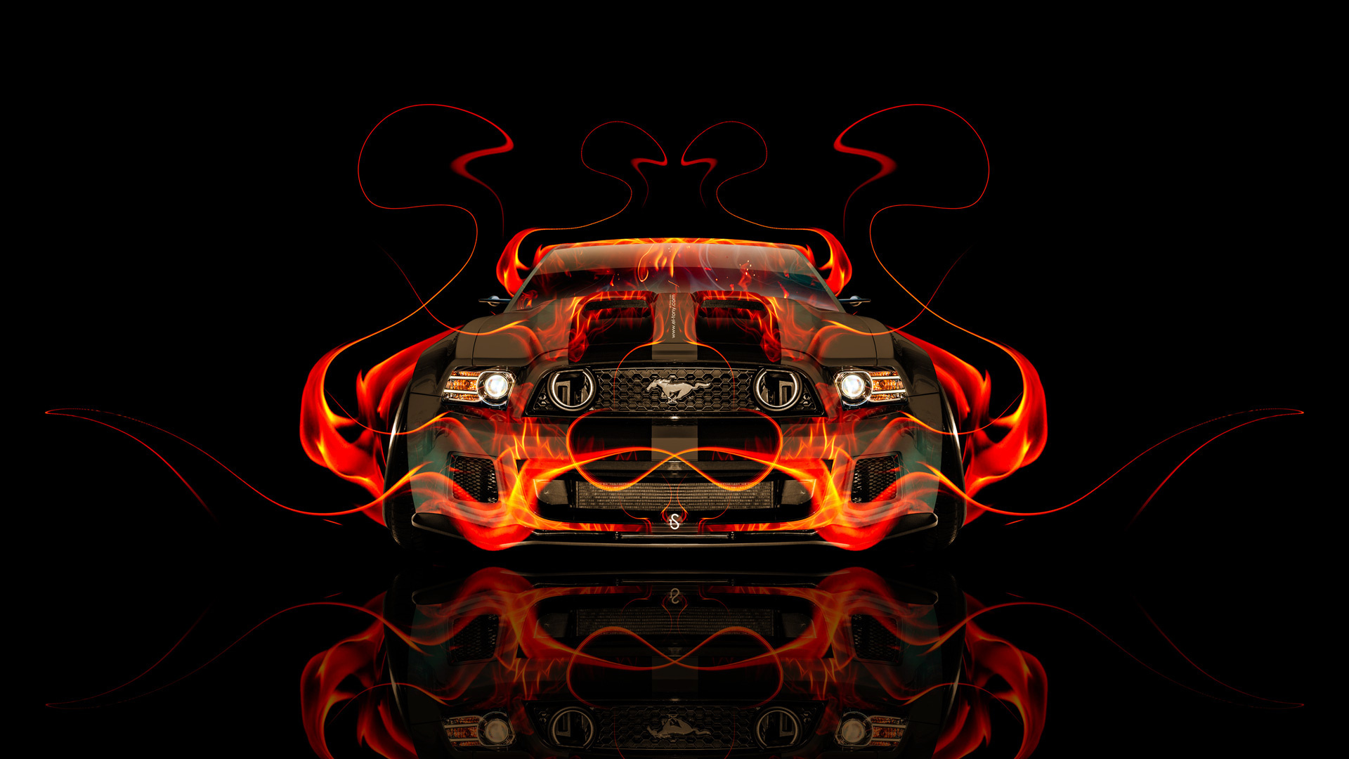 tony kokhan, ford, mustang, gt, front, fire, car, tuning, orange, flame, muscle, black, abstract, el tony cars, photoshop, hd wallpapers, design, art, style, american, usa,  , , , , , ,  , , , ,