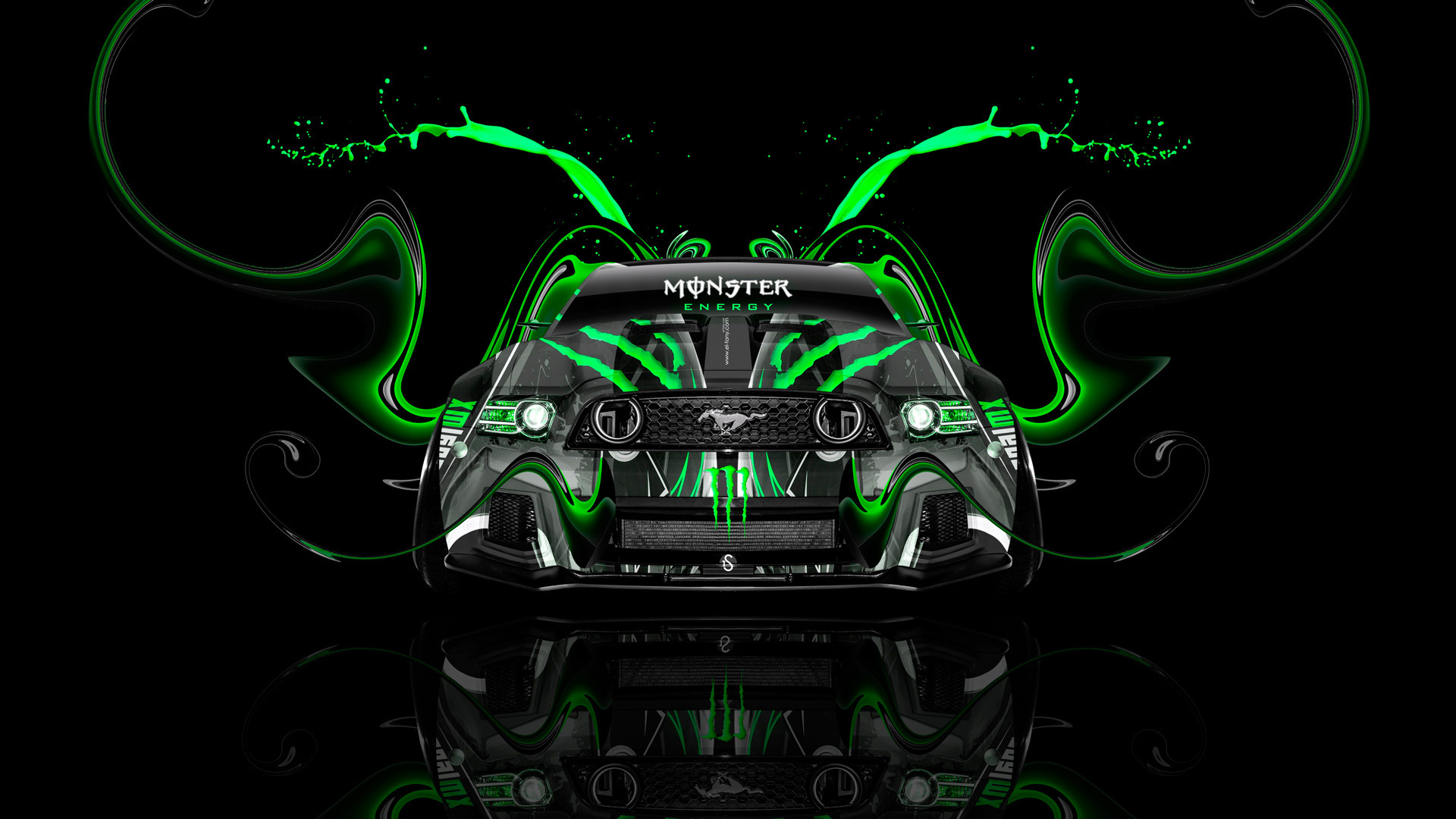 tony kokhan, monster energy, logo, ford, mustang, gt, muscle, car, front, green, aerography, tuning, acid, drink, black, el tony cars, photoshop, design, art, style, hd wallpapers,  , , , , ,  ,  , 