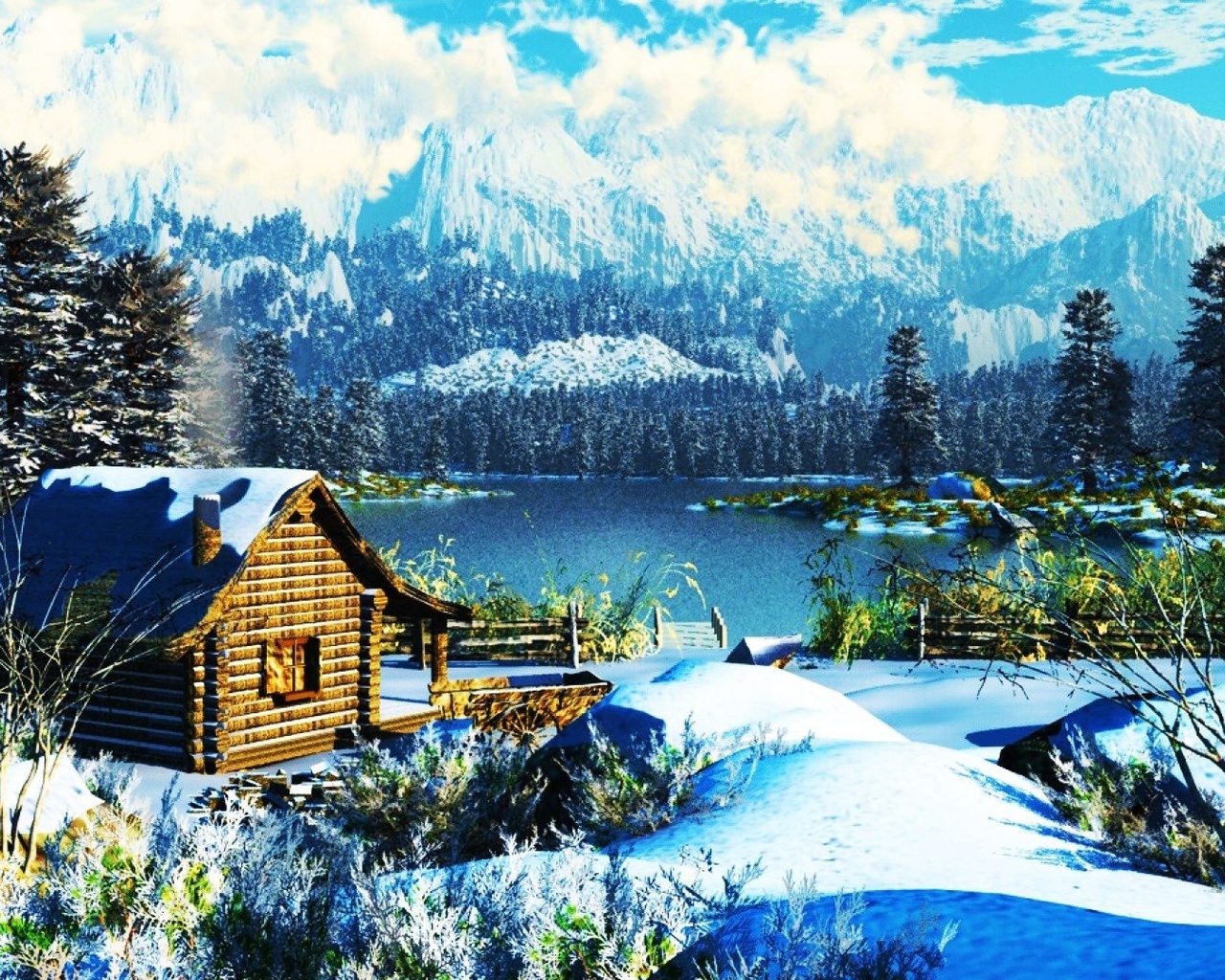 cabin, mountain, tree, snow, lake