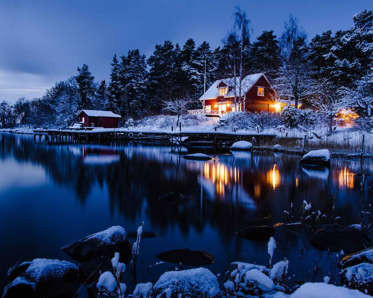 winter, trees, snow, path, mountain, moon, cabin, lake