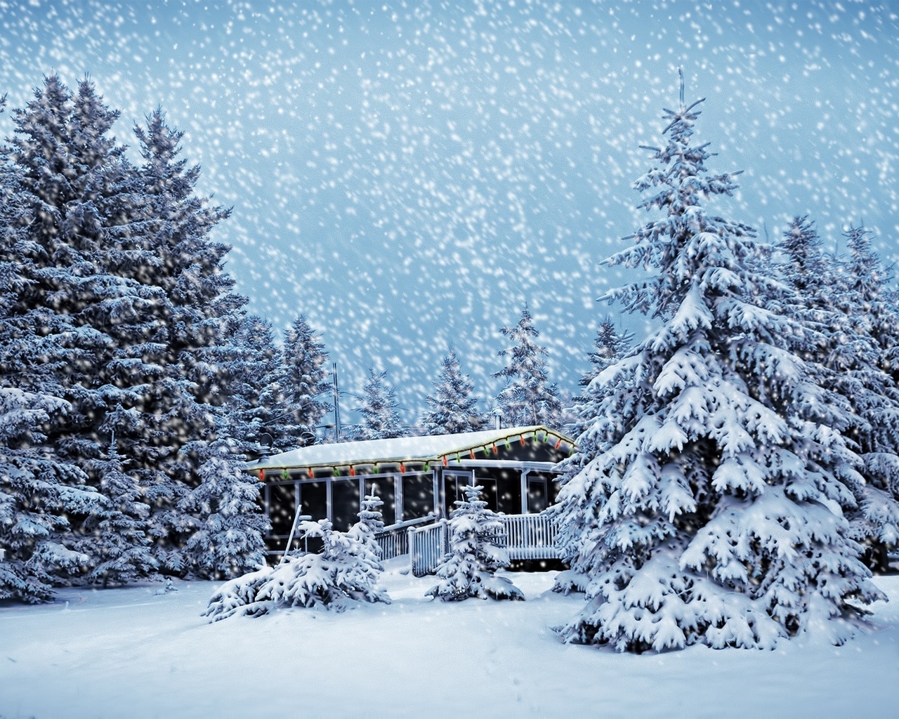 winter, trees, snow, path, mountain, moon, cabin