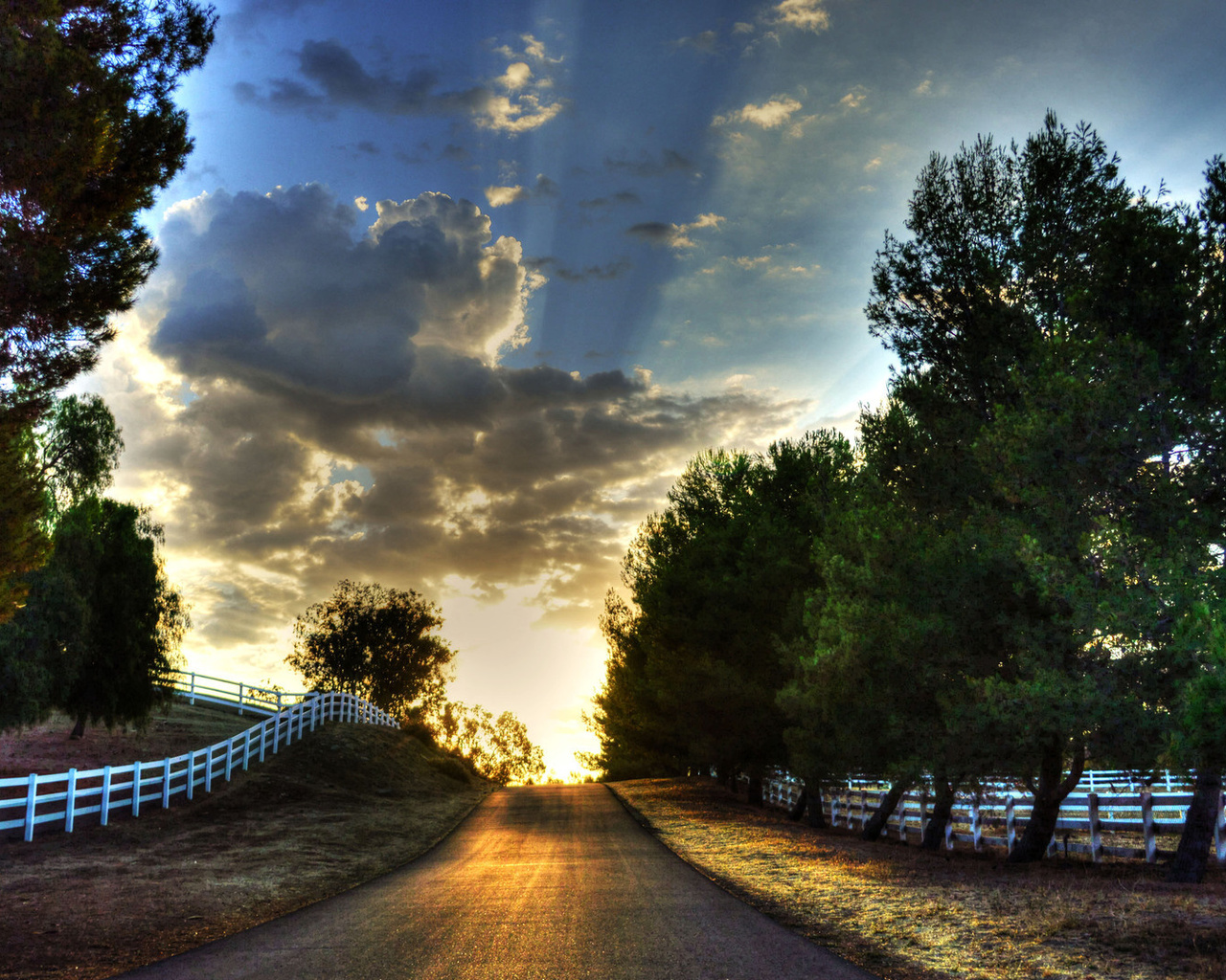 sunrise, road, bridge, trees, sky