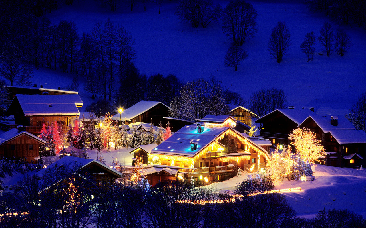 cabin, mountain, tree, snow, lake, light