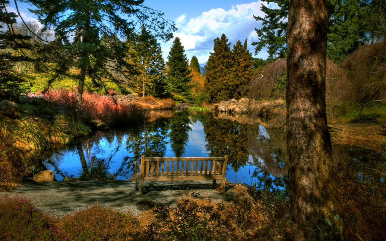 lake, mountain, reflextion, water, sky, blue, bench