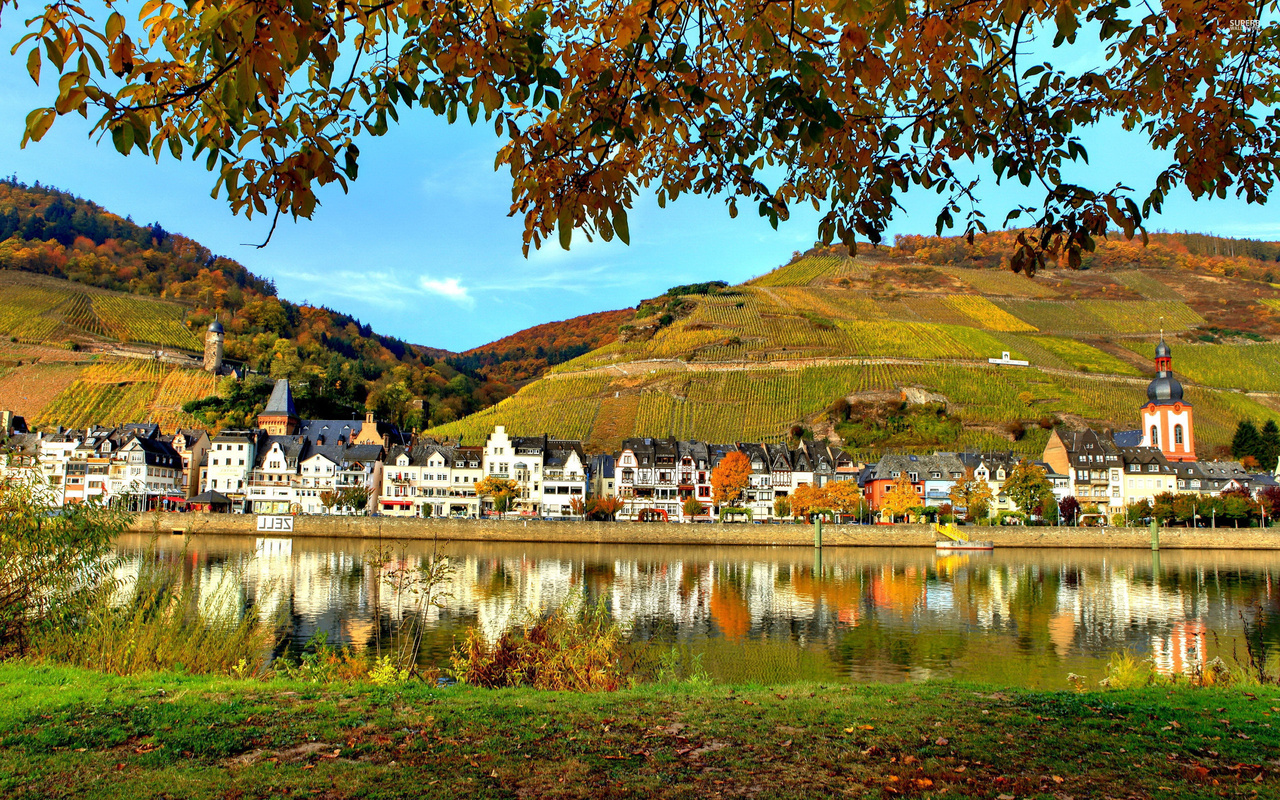 lake, village, trees, water, mountain