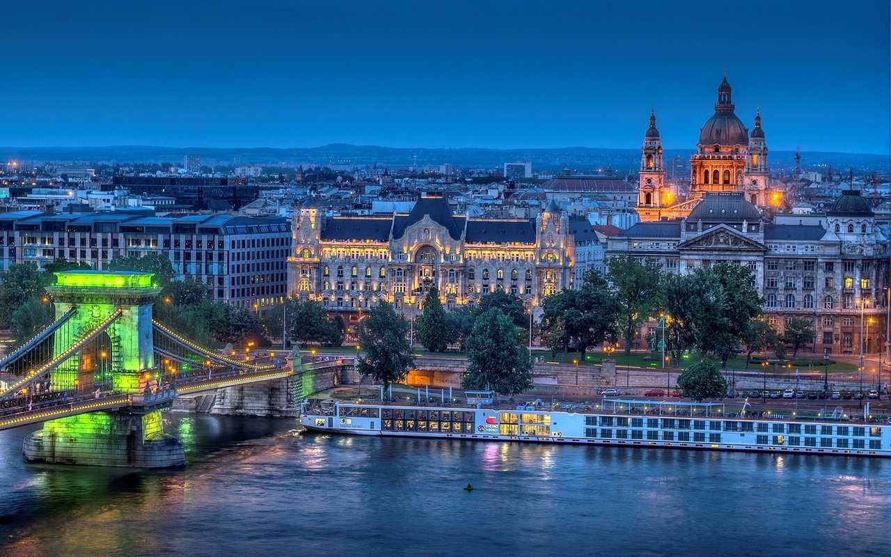 city, nihgt, light, river, builging