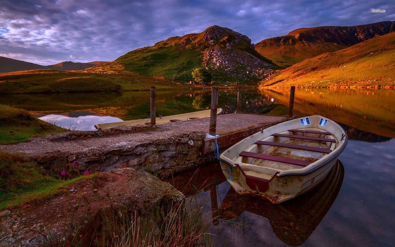 sunset, boat, lake, tree, water