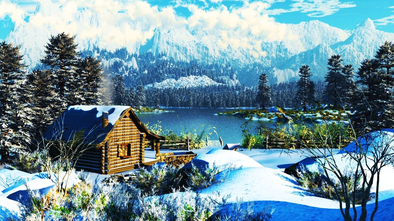 cabin, mountain, tree, snow, lake