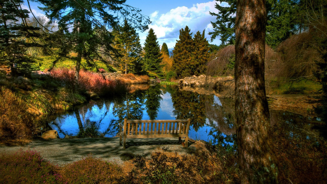 lake, mountain, reflextion, water, sky, blue, bench
