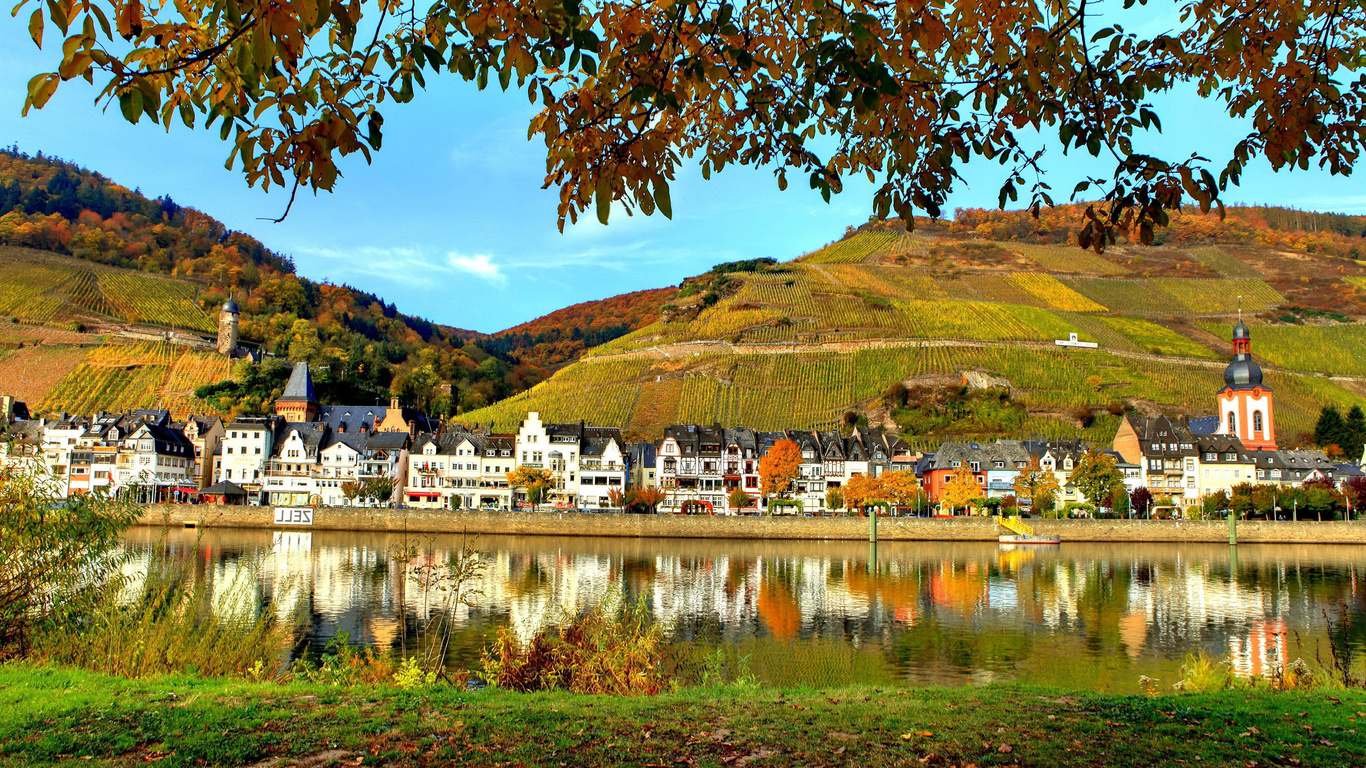 lake, village, trees, water, mountain