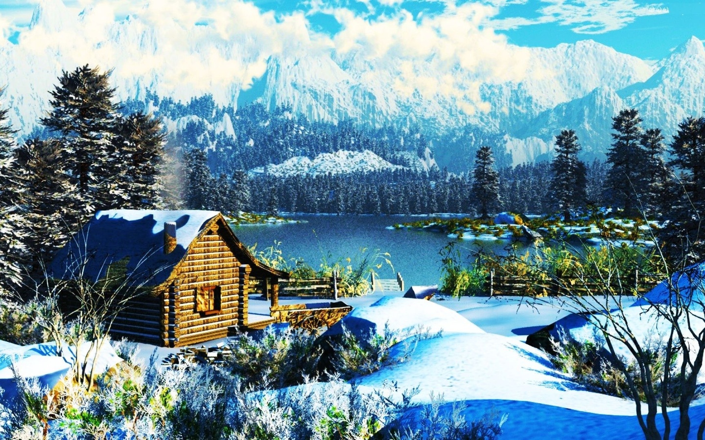 cabin, mountain, tree, snow, lake