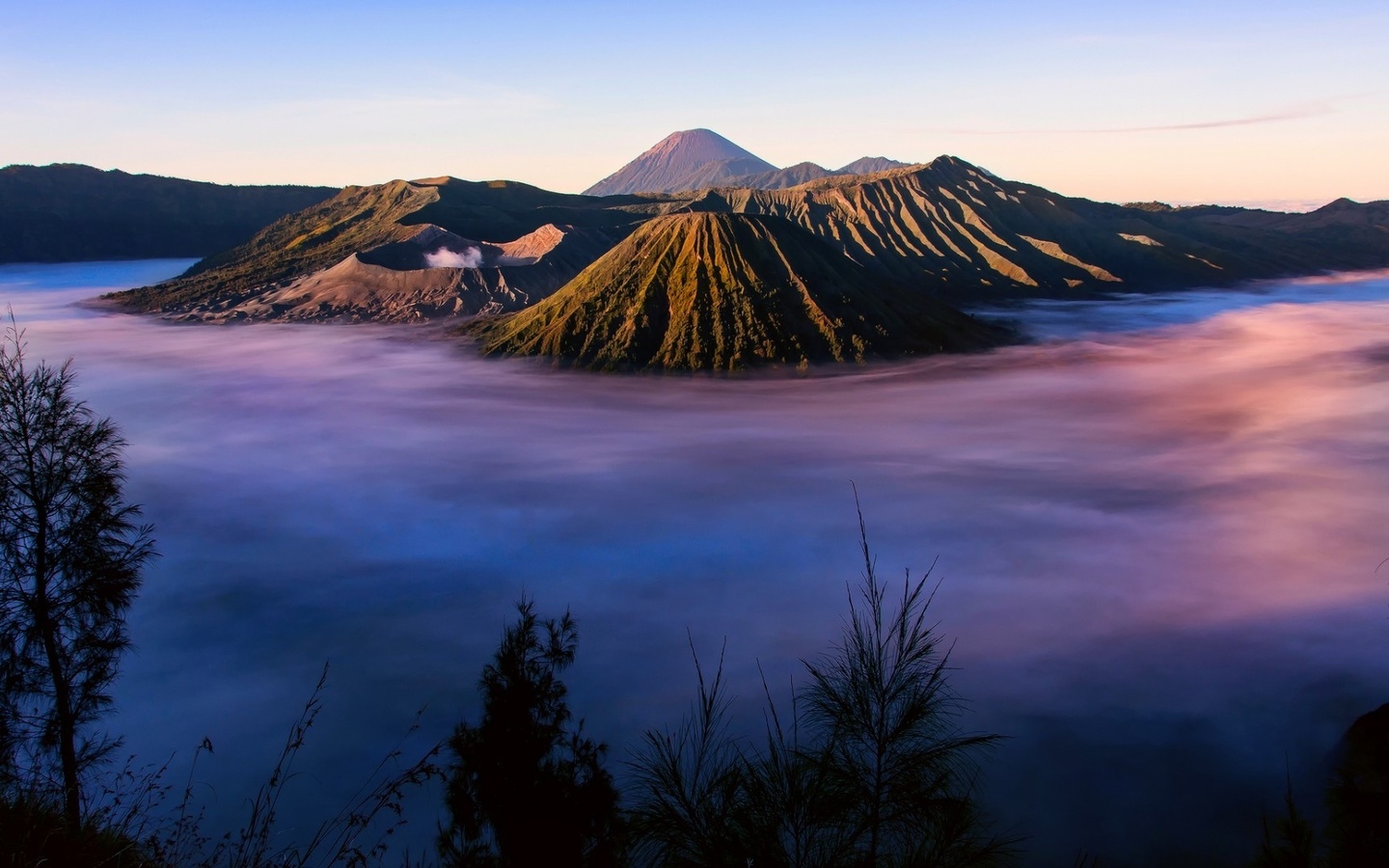 volcano, fog, mountain, sky