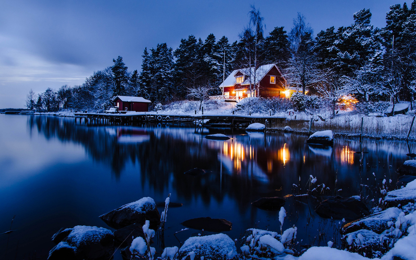 winter, trees, snow, path, mountain, moon, cabin, lake