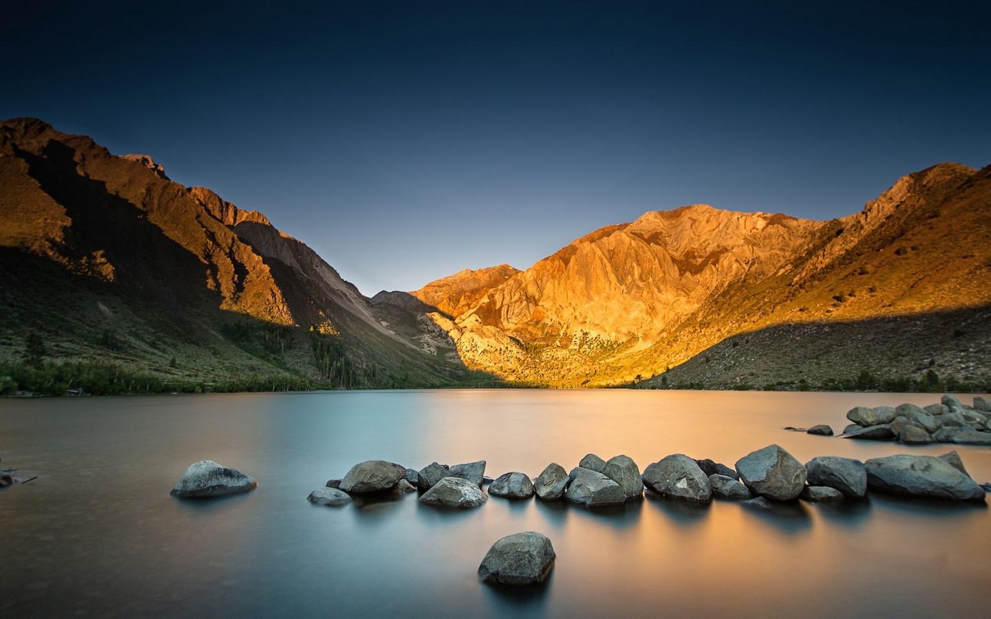 lake, mountain, reflextion, water, sky, blue, bench