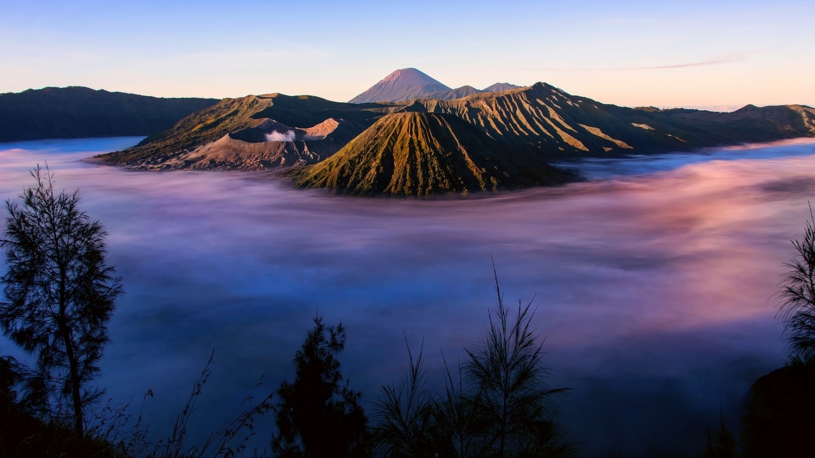 volcano, fog, mountain, sky