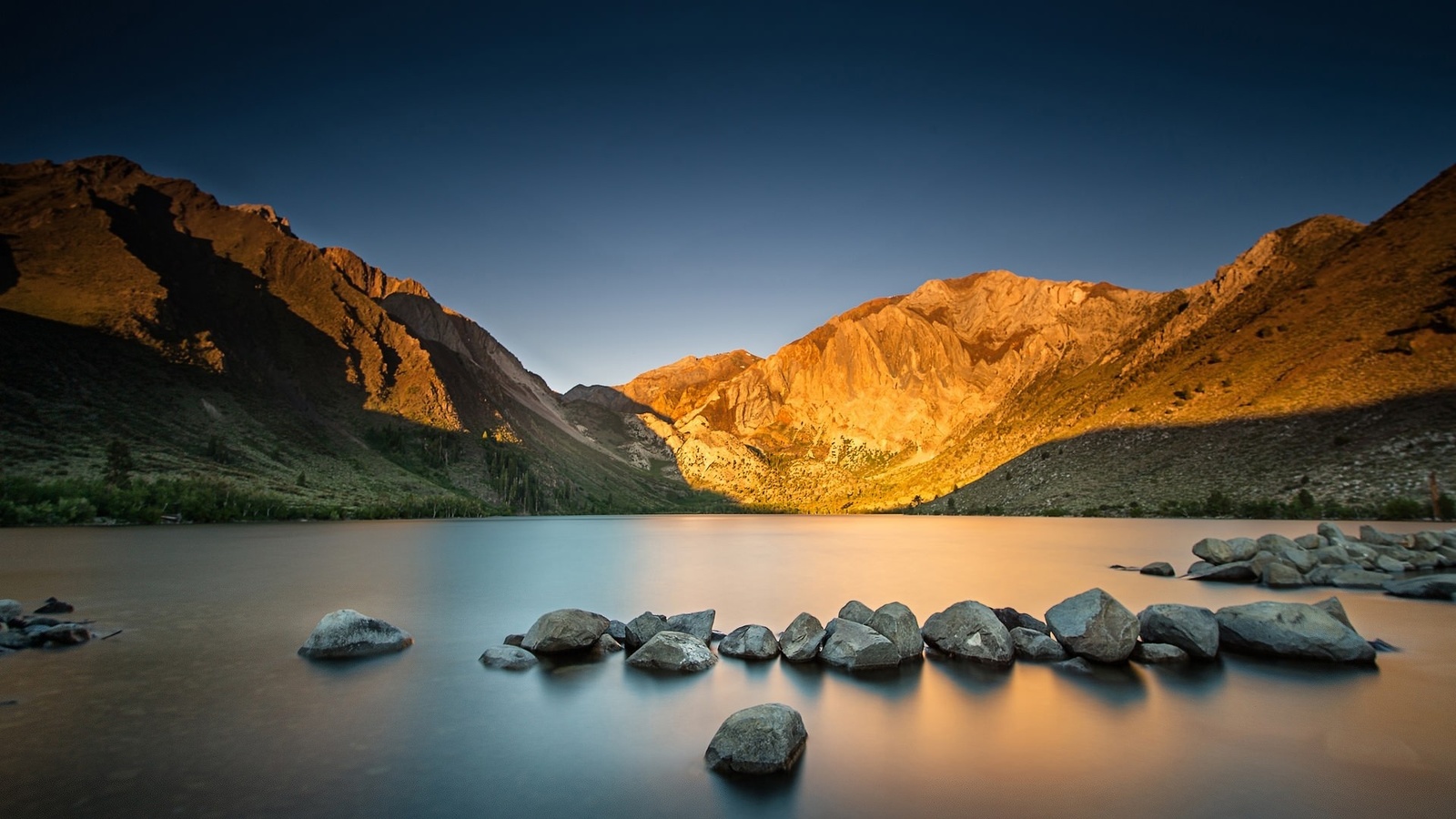 lake, mountain, reflextion, water, sky, blue, bench