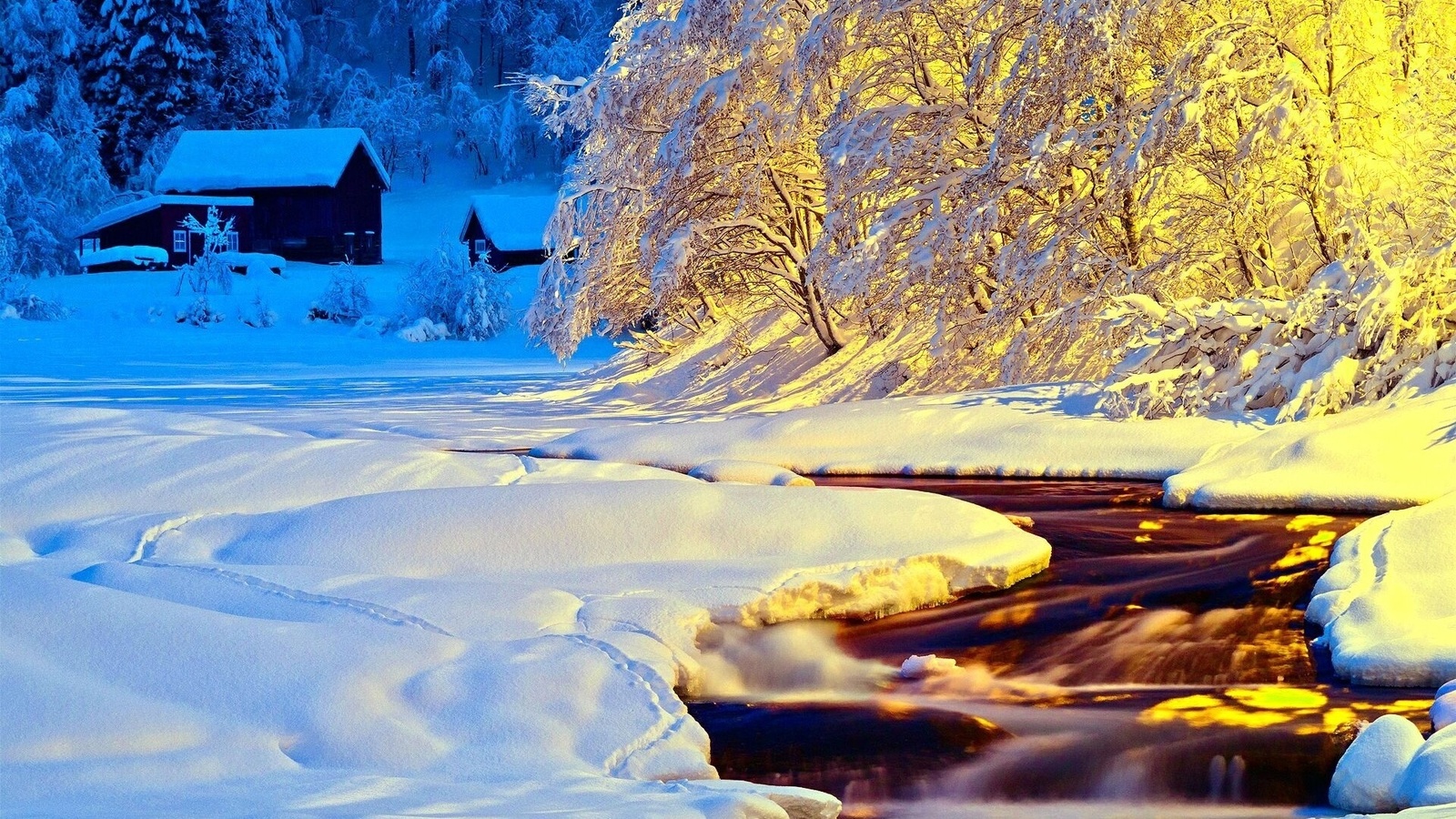 winter, trees, snow, path, mountain, moon, cabin