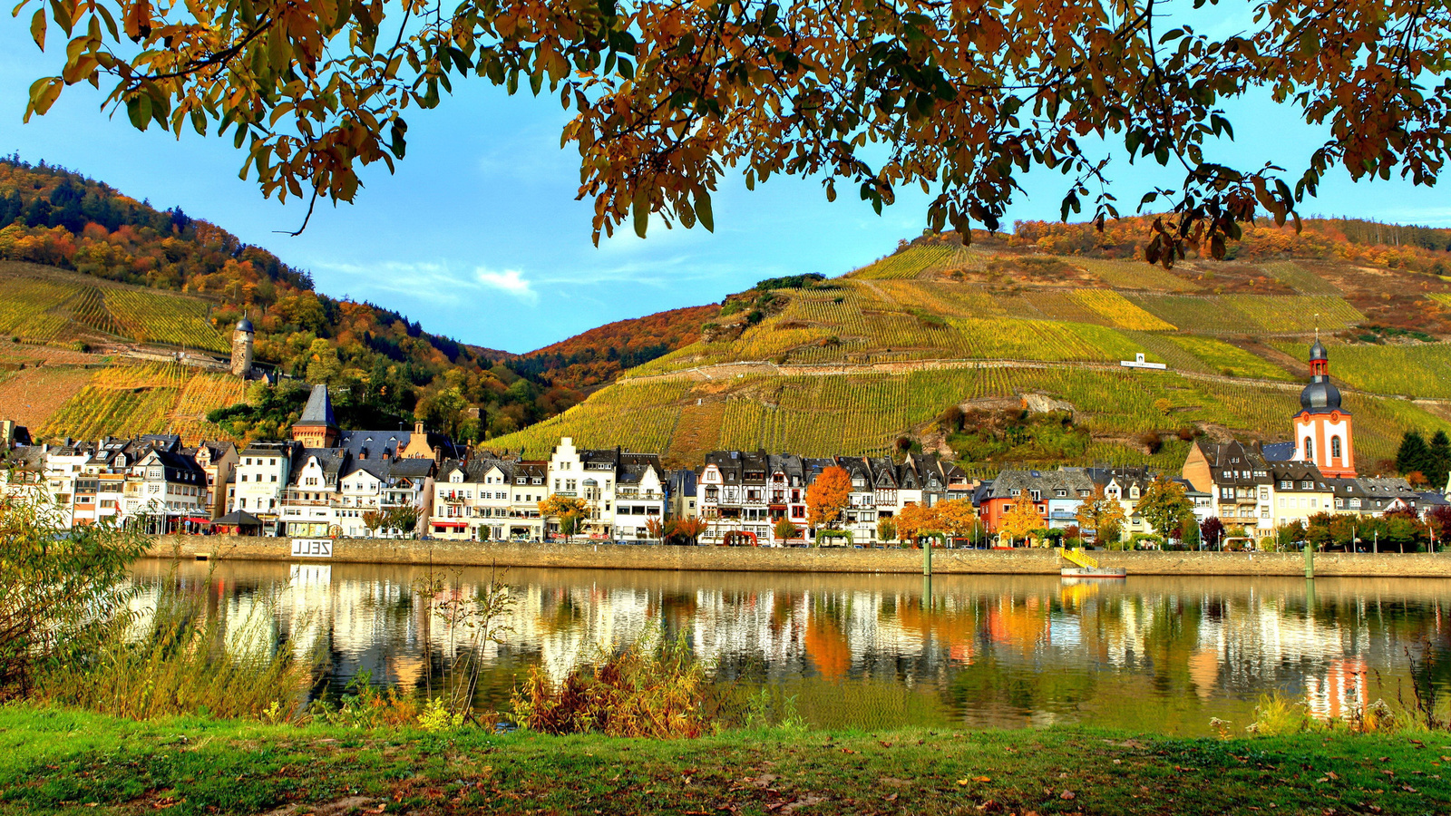 lake, village, trees, water, mountain