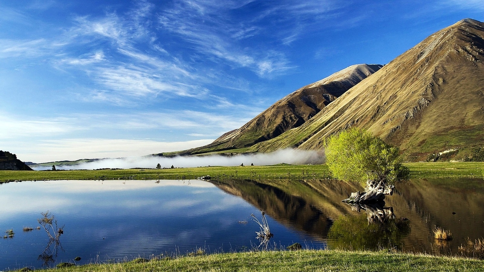 lake, mountain, reflextion, water, sky, blue, bench