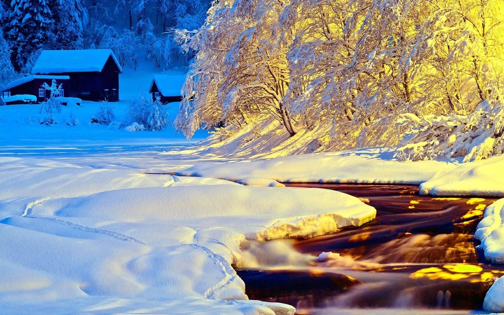 winter, trees, snow, path, mountain, moon, cabin