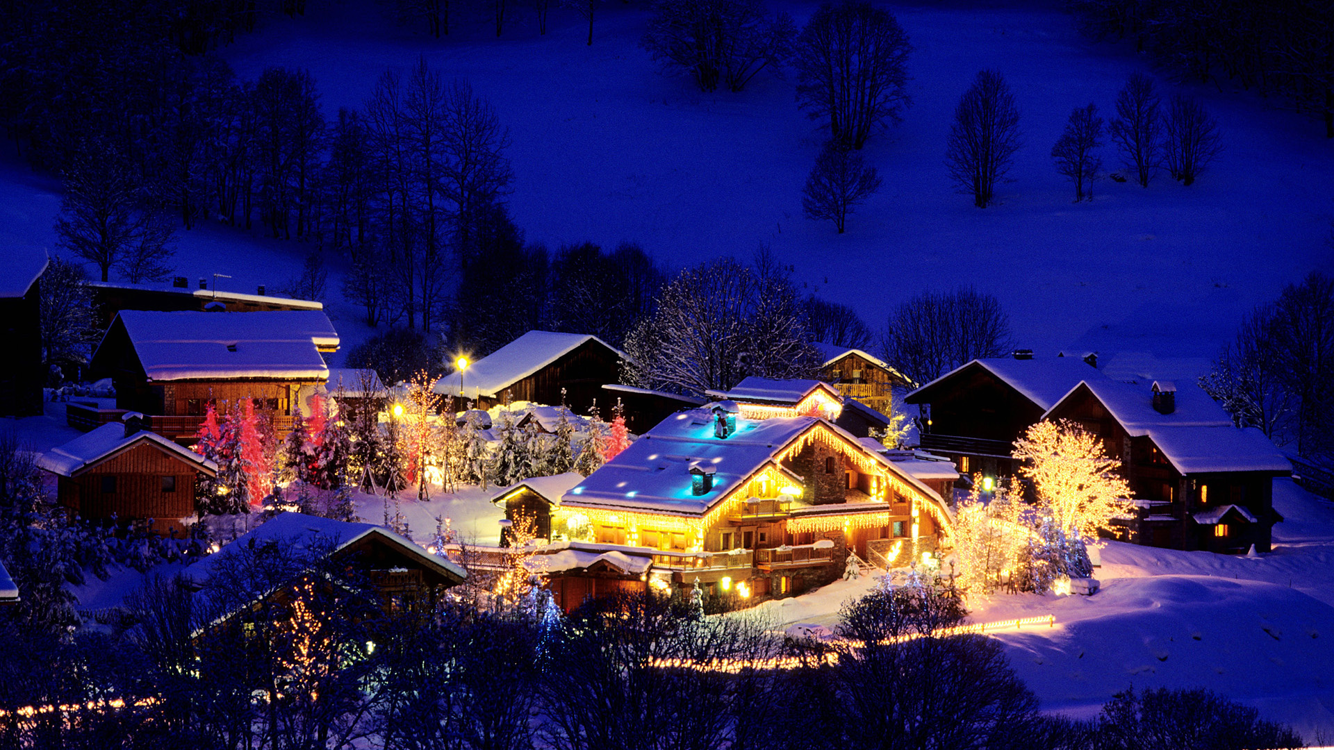 cabin, mountain, tree, snow, lake, light