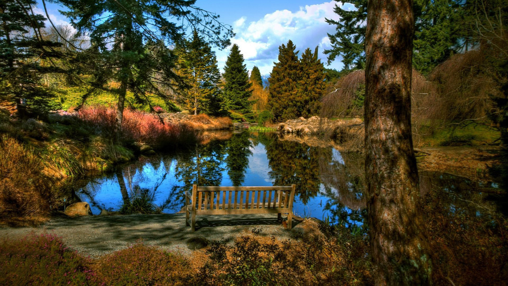 lake, mountain, reflextion, water, sky, blue, bench