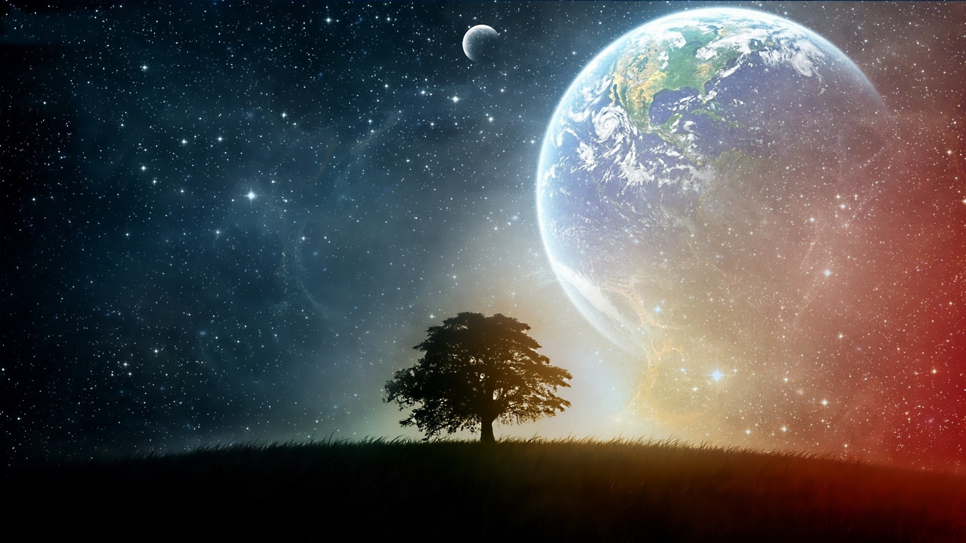 earth, moon, space, tree, stars