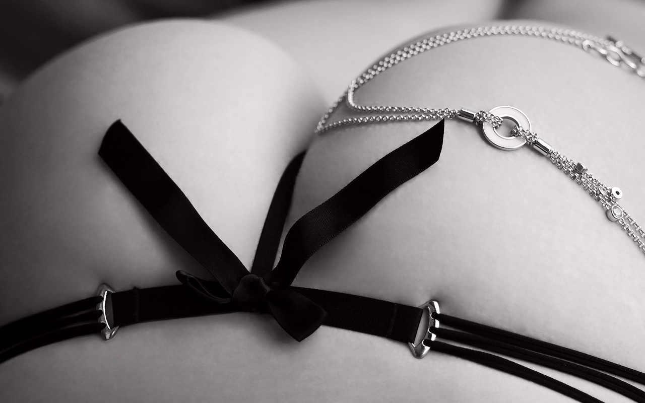 butt, lingerie, chain, ribbon, black and white